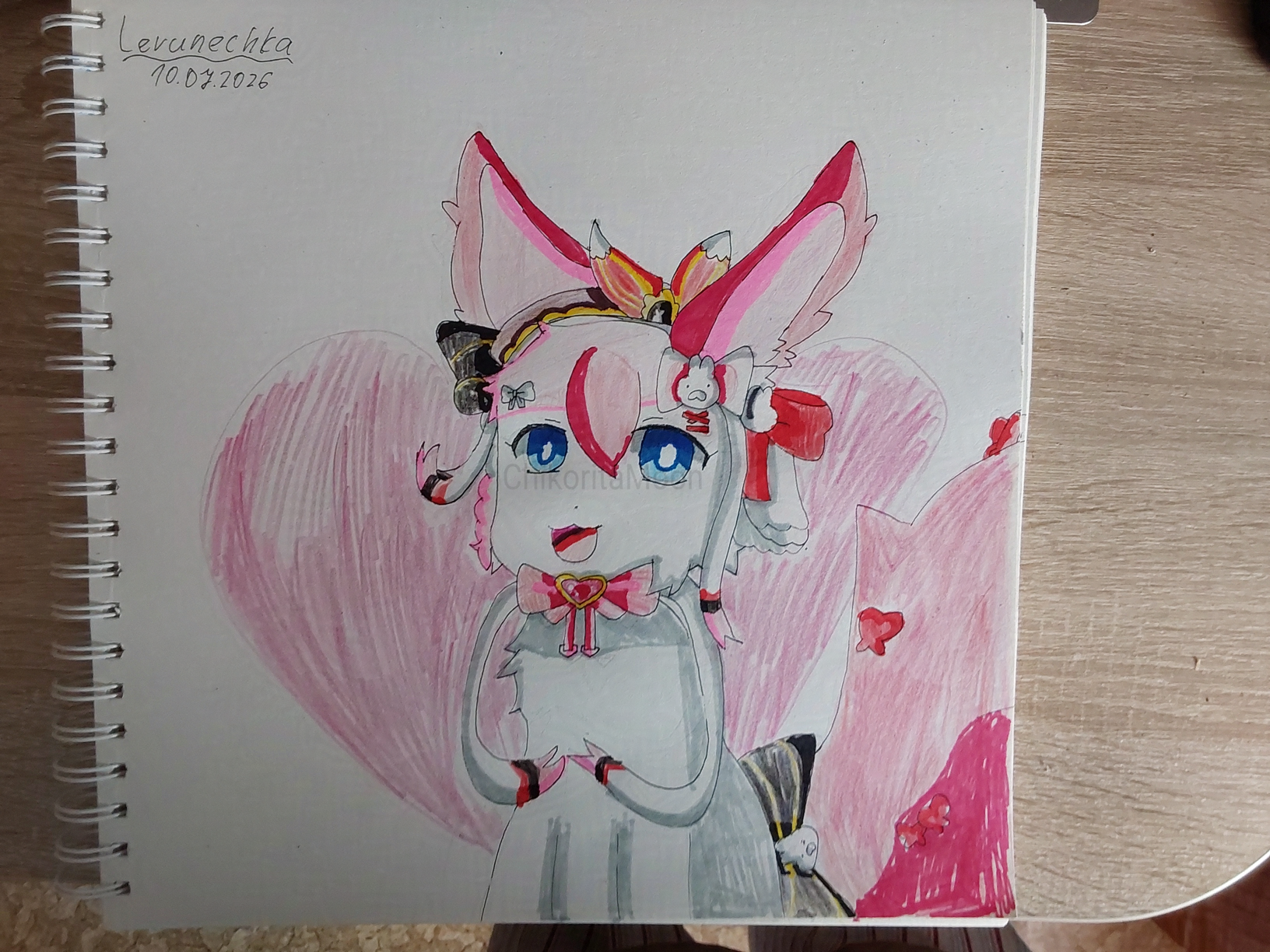 A traditional drawing a pink/white rabbit with blue eyes has a bow with a white bunny on it and ribbons, slightly purpleish-brown beret with a black bown with yellow stripes on it (same one on her tail), has a red heart gem on her neck. She has a bunch of red butterflies on her tail.