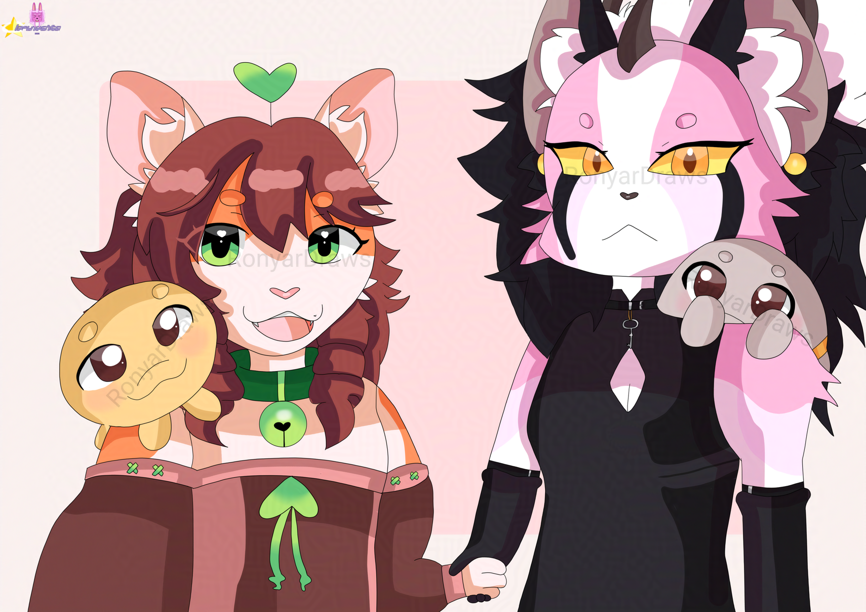 A drawing of two cats. One is orange/cream colored, has short brown hair, sprout on her head, wears green collar with bell on it and brown/pink shirt with puffy sleeves. Other cat is pink, has spiky black hair, wears black top with a silver key on her neck. Both of them holding hands and they have seals (one is yellow and other is gray) on their shoulders.