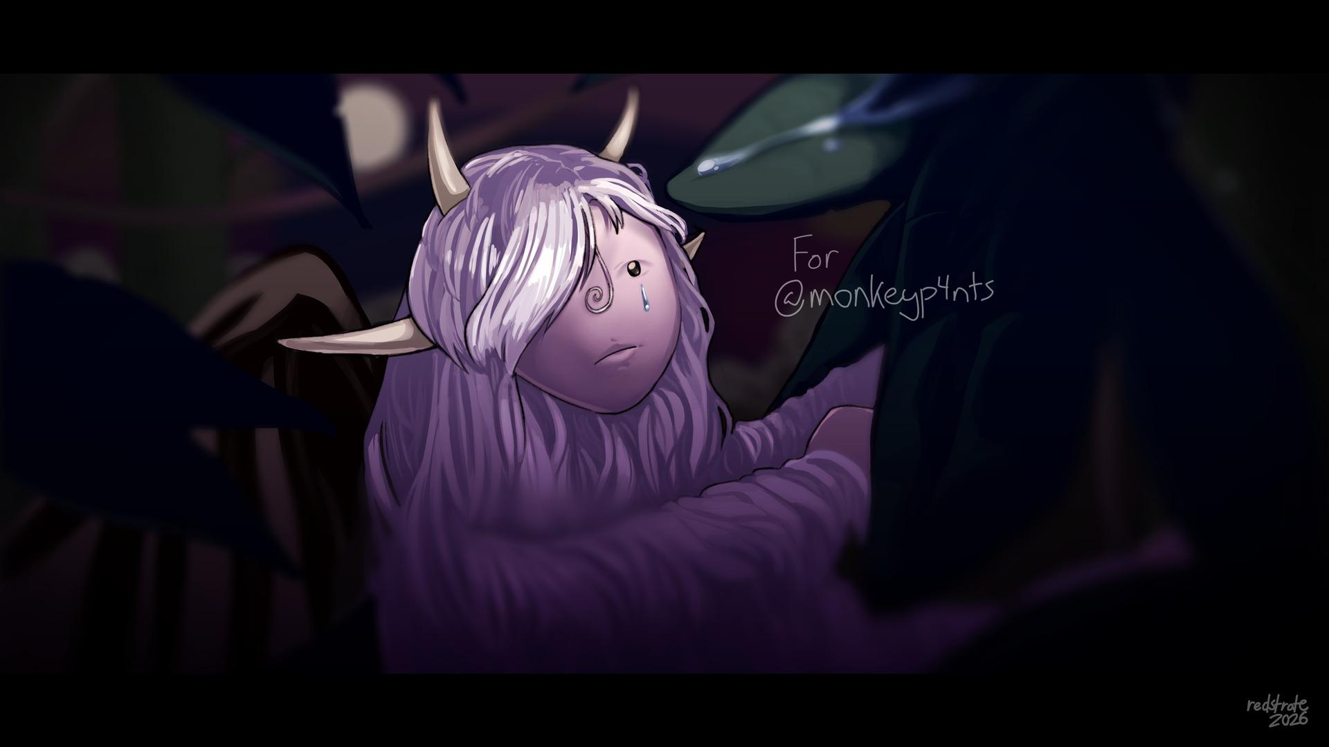 Drawing of a beast with long, lightly colored hair and two sets of horns - one on the top of their head and where ears would be. He has a light skinned humanoid face, devoid of a nose but with one single tear on his left eye. The beast is checking the leaves for any water left from the rain in a dark forest.
