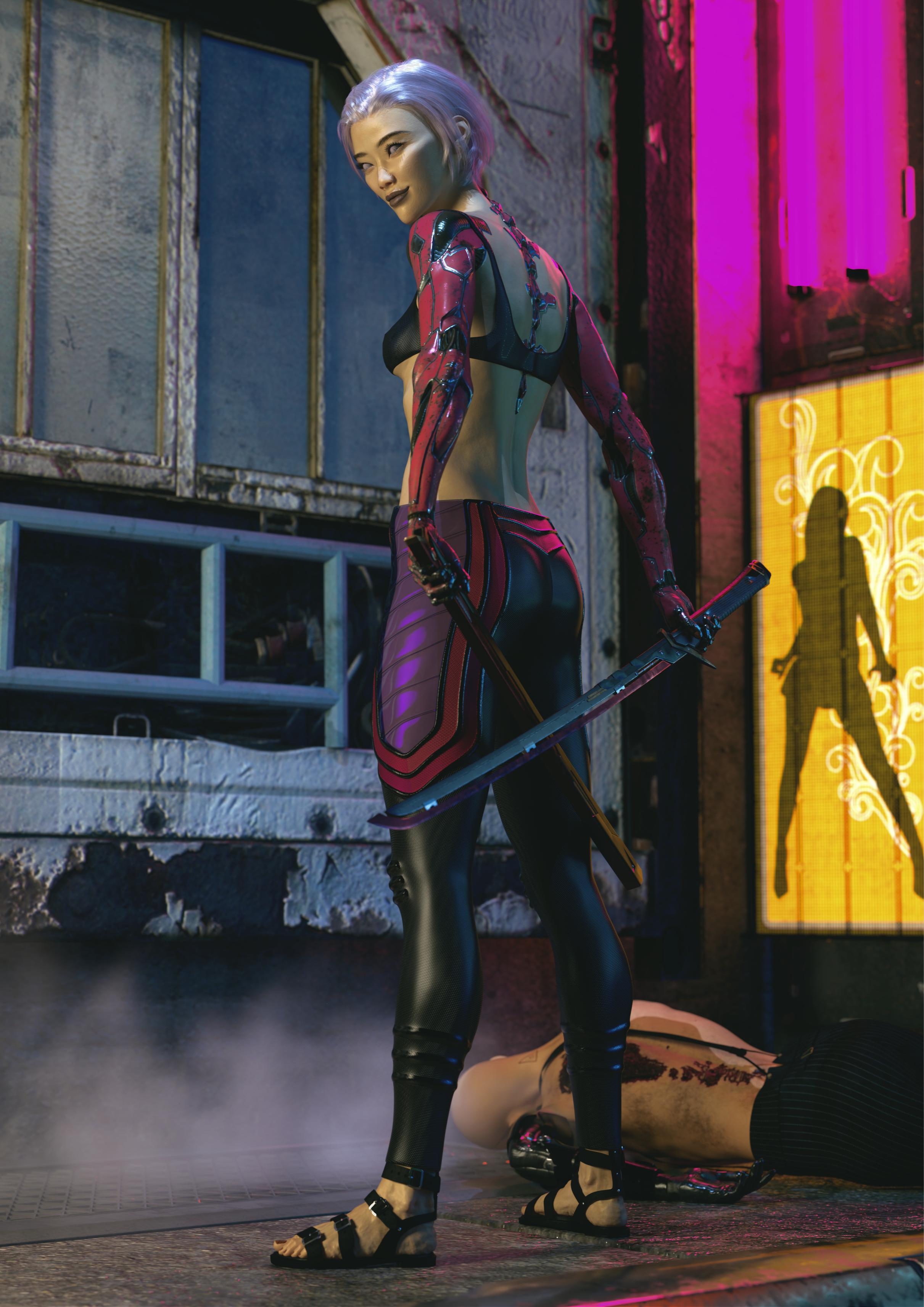 An Asian woman with pink-white hair stands over the body of a cybernetic man. She has cybernetic arms and eyes, and holds a futuristic sword.