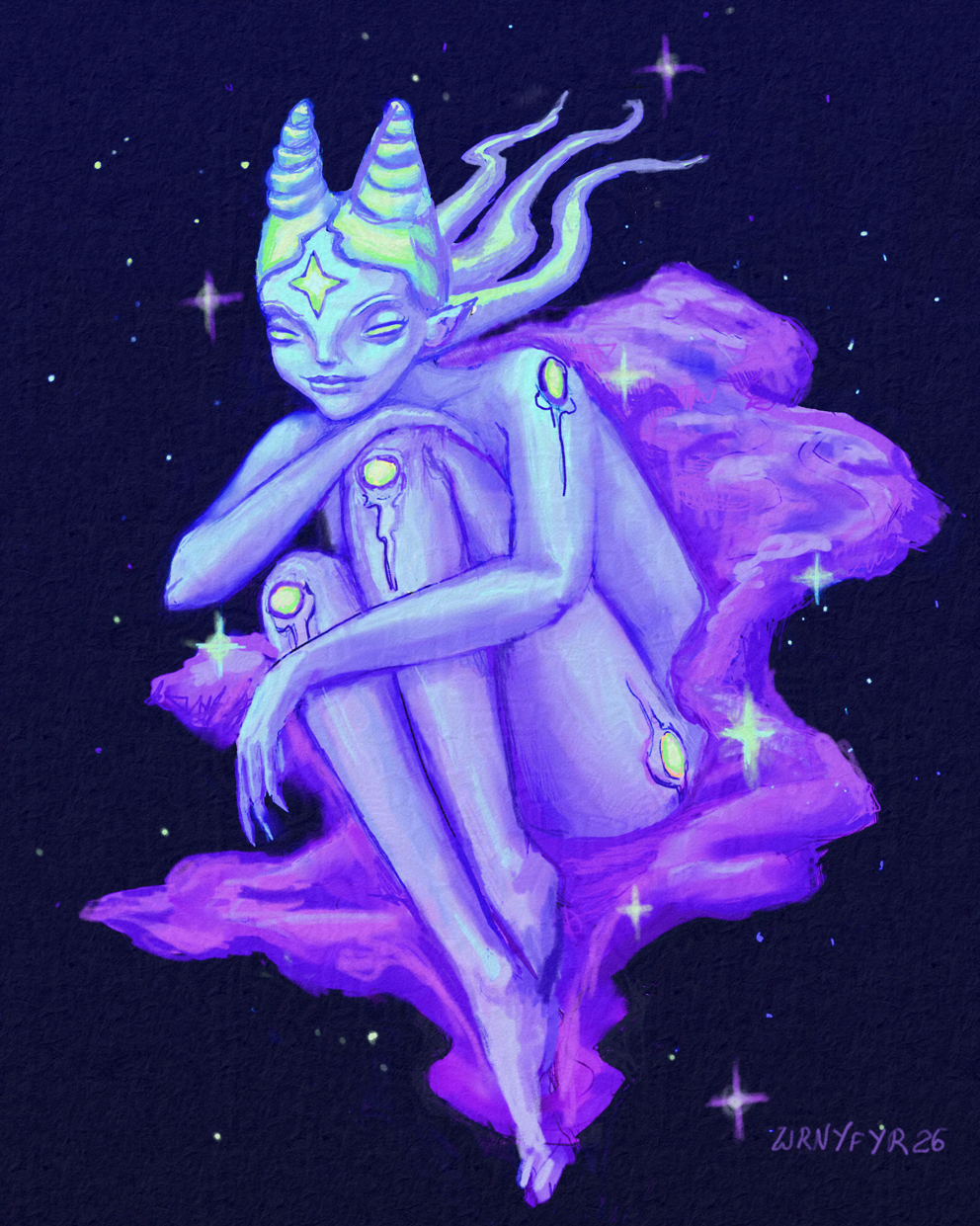Starhead sits with her knees under her chin, her eyes open slightly into glowing slits, on a pink nebula cloud.