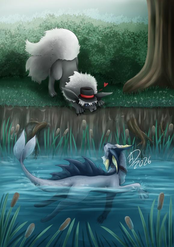 A black Flareon stands at the edge of the cliff and looks down at Vaporeon. Vaporeon is swimming in the lake, surrounded by reeds.