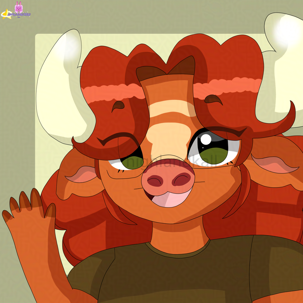 A drawing of a brownish-orange cow with light-yellow markings on her forehead, has curly darker hair, dark green eyes and light-cream colored horns on her head. She wears glasses and dark green shirt. She waves while smiling