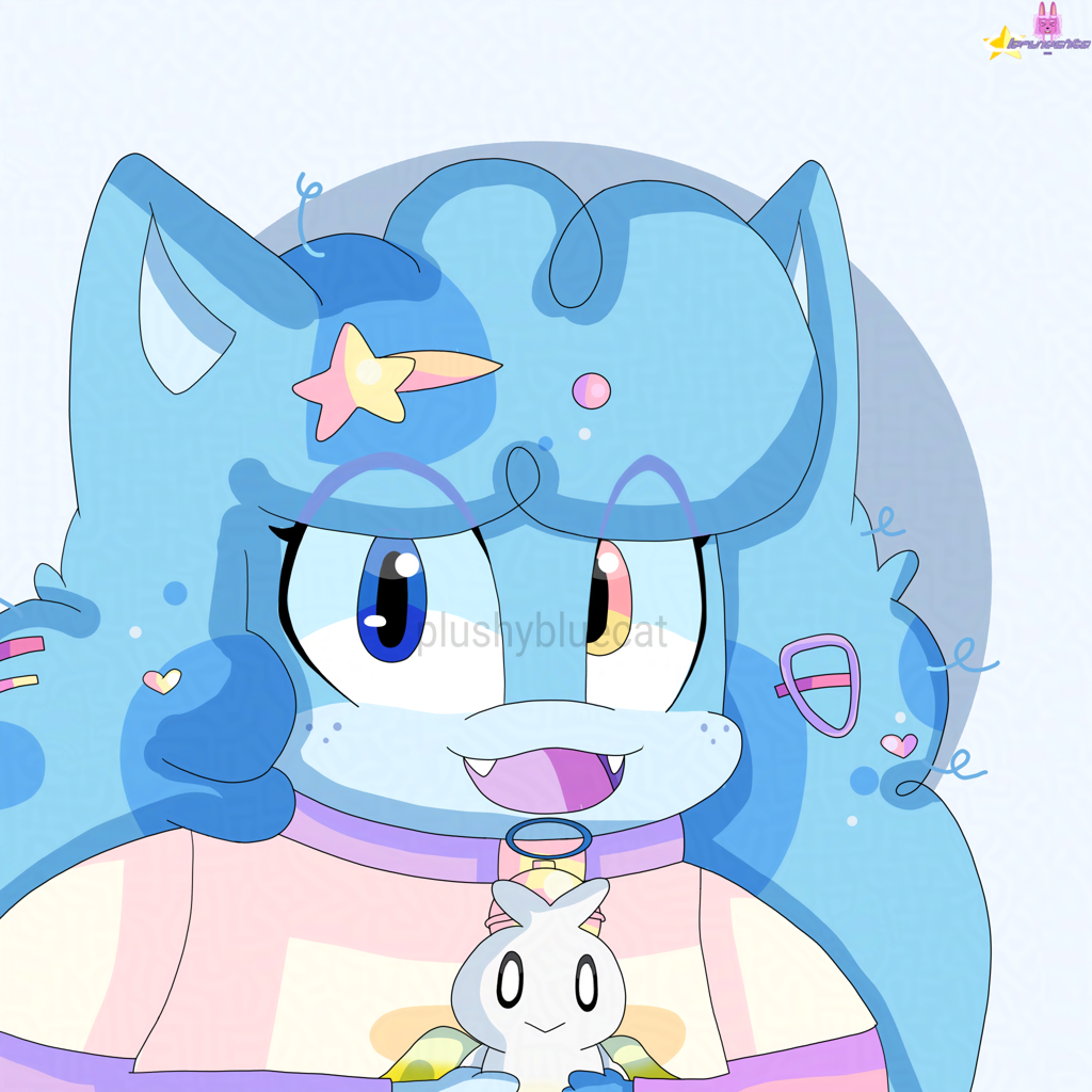 A drawing of a chubby blue cat with long curly hair with darker blue markings on it, wears star-shaped hairpin, has heterochromia (dark blue and yellow) eyes, wears a purple collar with yellow bell on it, cream-colored shirt with a yellow star drawing in. They're holding a white animal with an oval shaped head, has a dark blue halo and yellow wings.