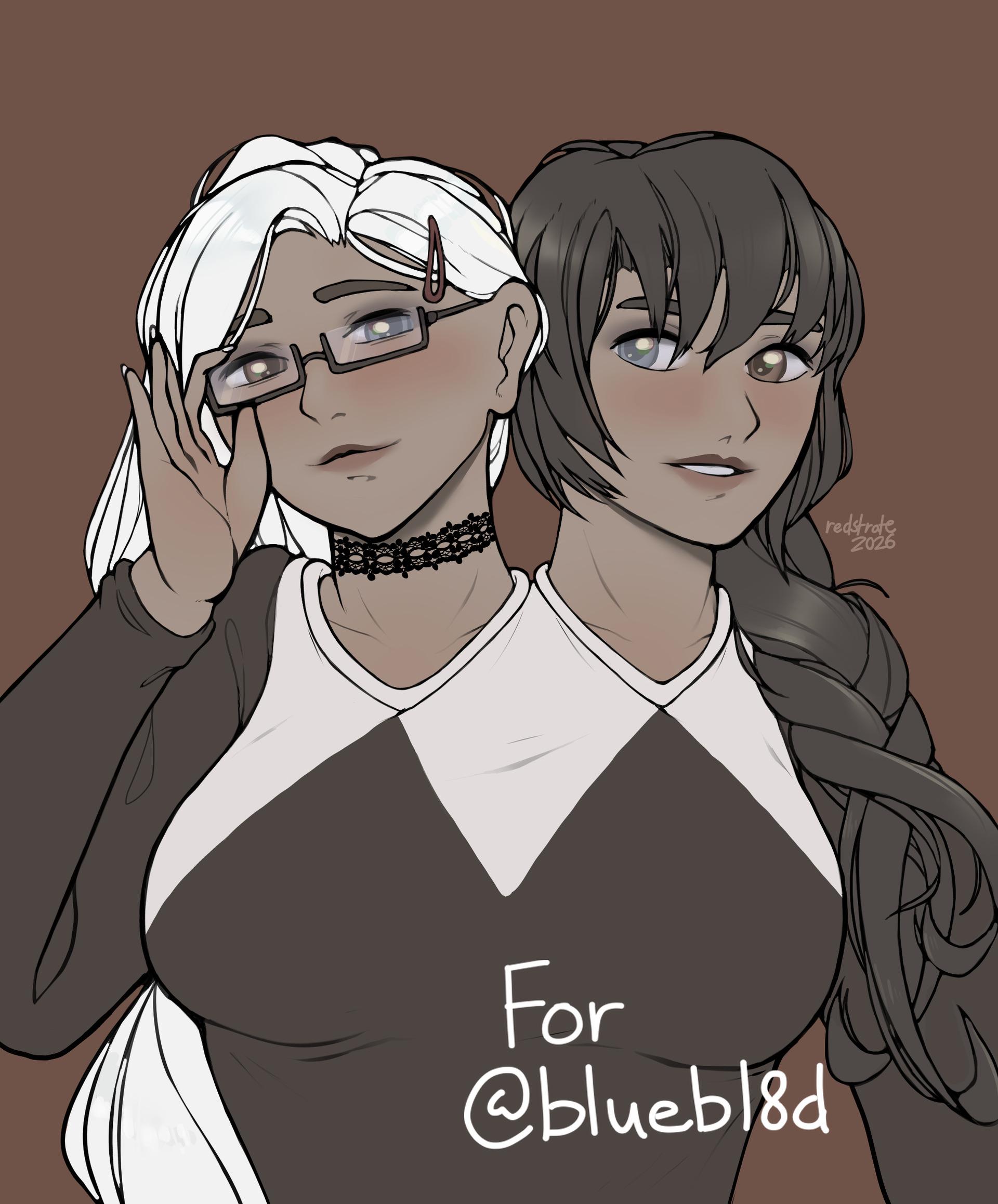 Drawing of a conjoined woman, in a black and white sweater. The head on the viewer's left has long white hair and is adjusting their glasses. The head on the viewer's right also has long brown hair with bangs, and there's an attempt at a braid falling down the shoulder.