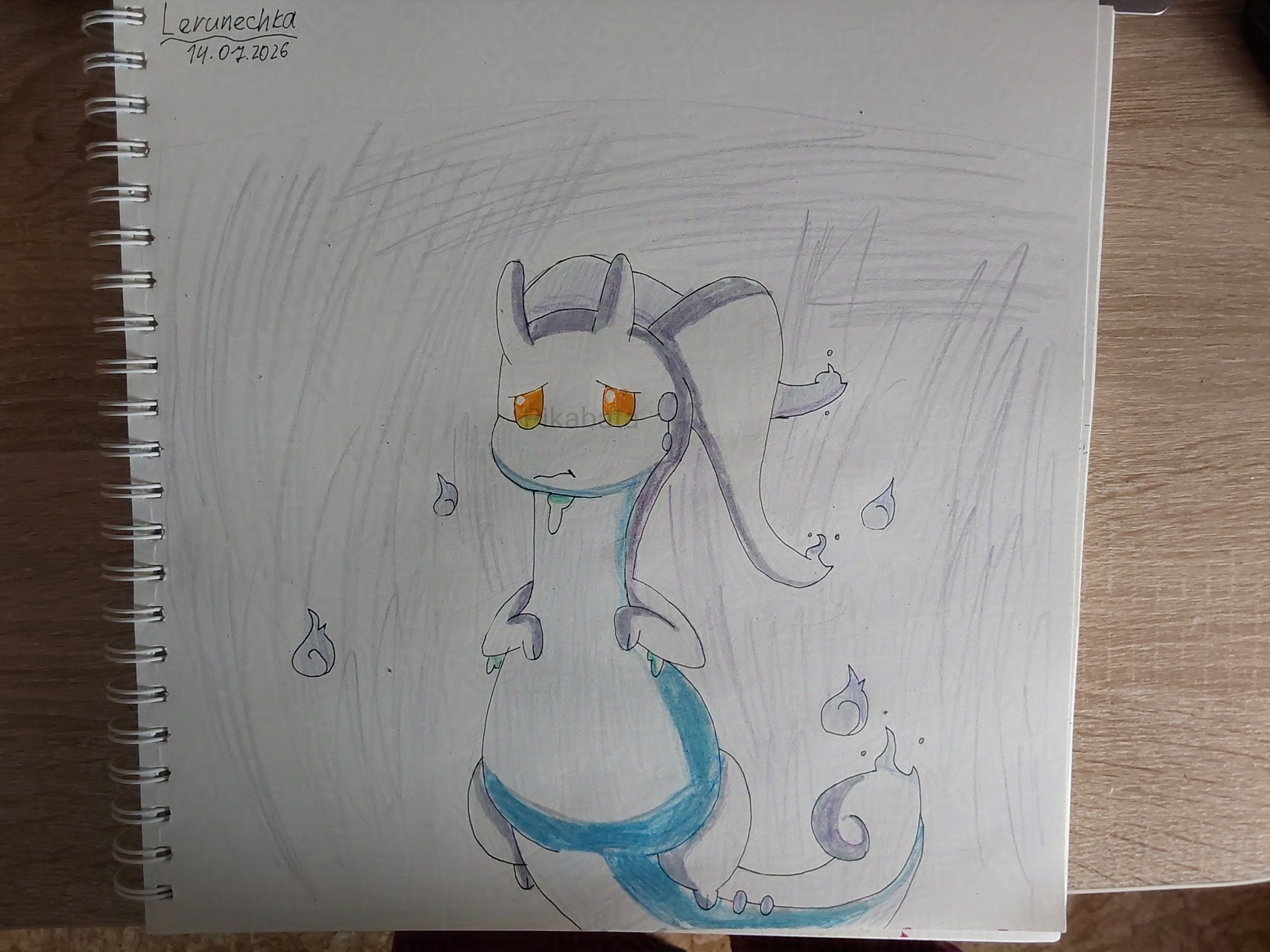 A traditional drawing of a white/light-blue dragon coated with slime with blue flames. She has a shy expression and surrounded violet/blue flames.
