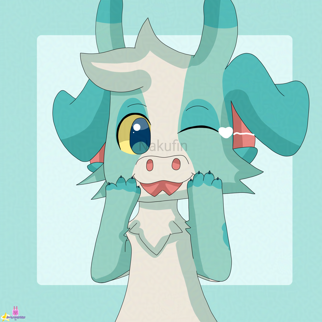 A drawing of a teal alien puppy, has a yellow eye sclera, dark teal eye, and fork-shaped light red tongue. He's winking while blepping.