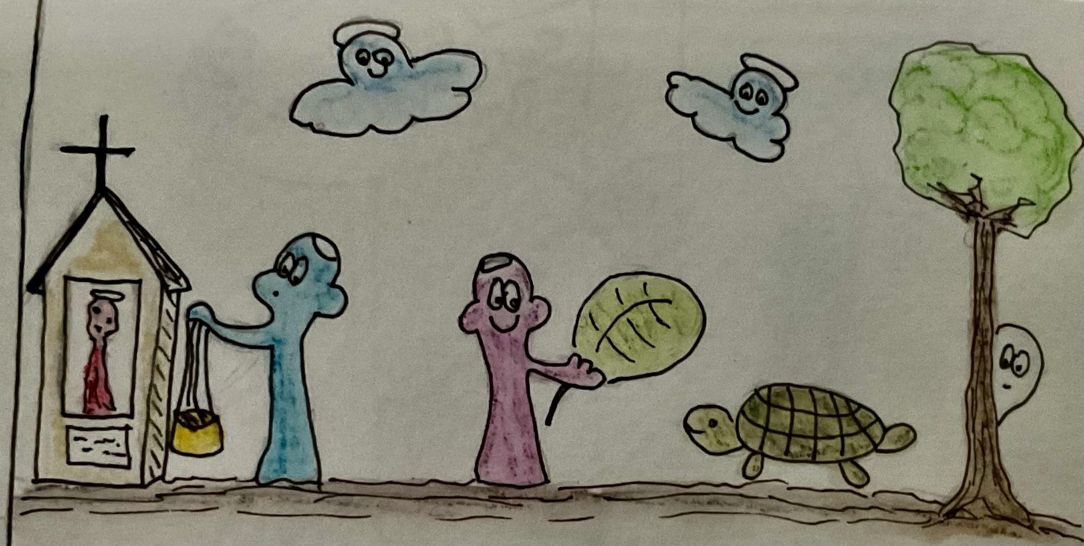 A colorful cartoon scene featuring a church with a figure inside, two characters—one blue holding a bag and one pink with a large leaf—near a tree. A turtle walks along the ground, and two ghost-like figures float in the sky.