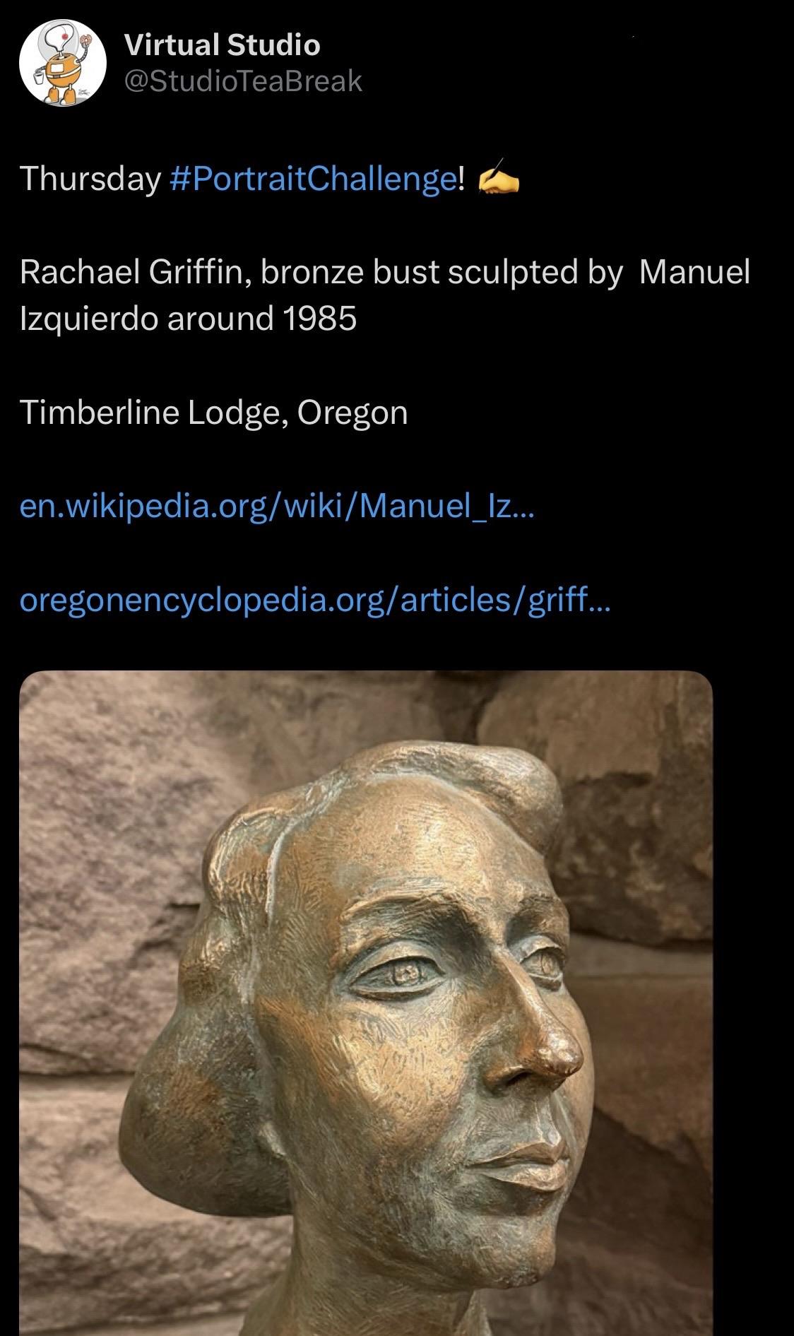 A bronze bust sculpture of Rachael Griffin, created by Manuel Izquierdo around 1985, displayed against a stone background at Timberline Lodge, Oregon.