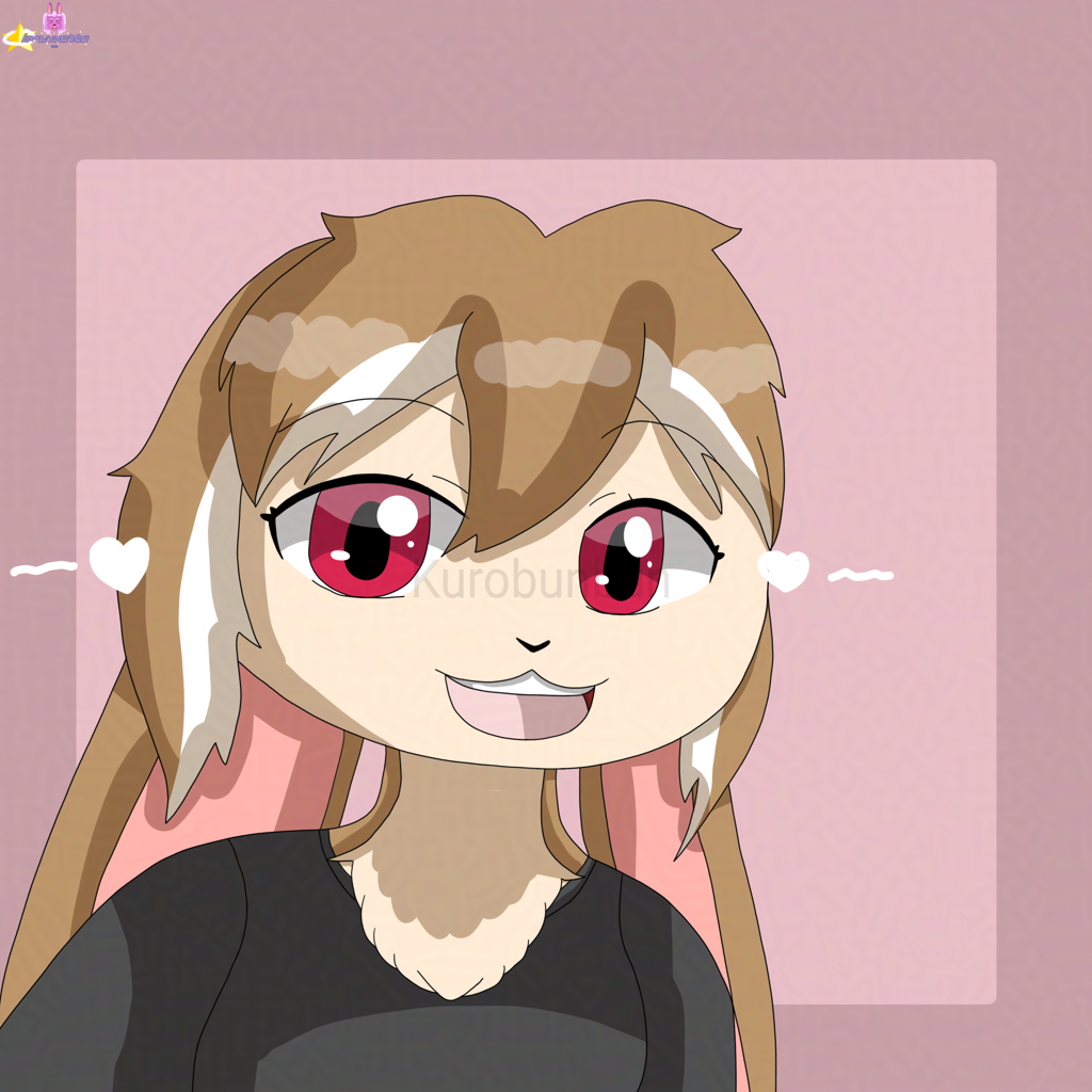 A drawing of a brown/cream colored lop bunny, has red eyes, hair dyed white. She wears a black shirt.