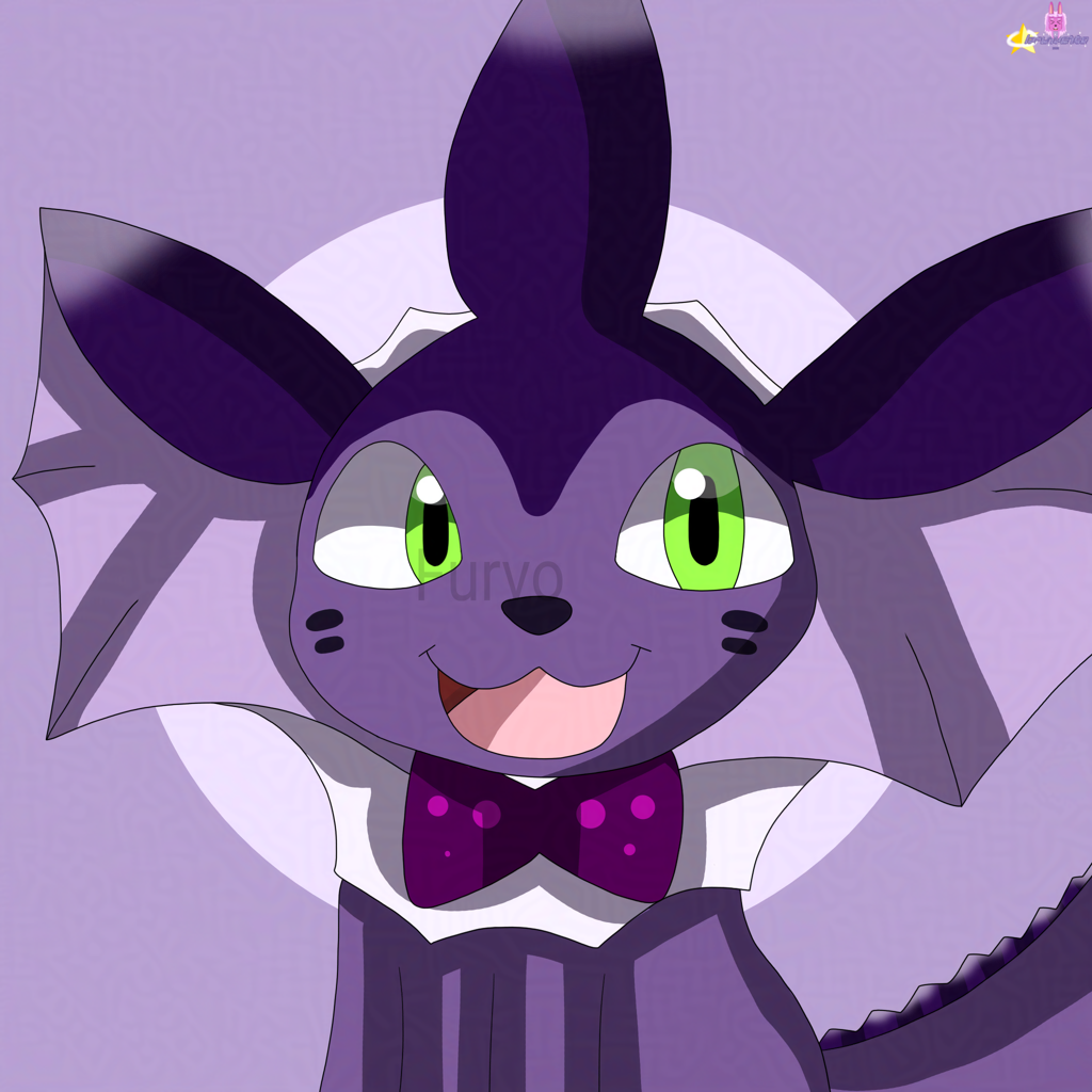 A drawing of a purple fishcat, has green eyes, plum colored neckbow with lighter dots on it and white/light-purple webs on his body. He's smiling.