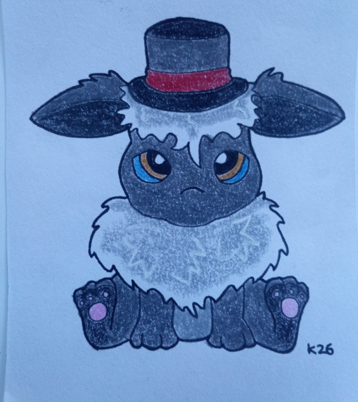 A cartoon style drawing of a Pokemon with large ears and eyes, a big fluffy ruff around the neck, is sitting looking at the viewer in a top hat.