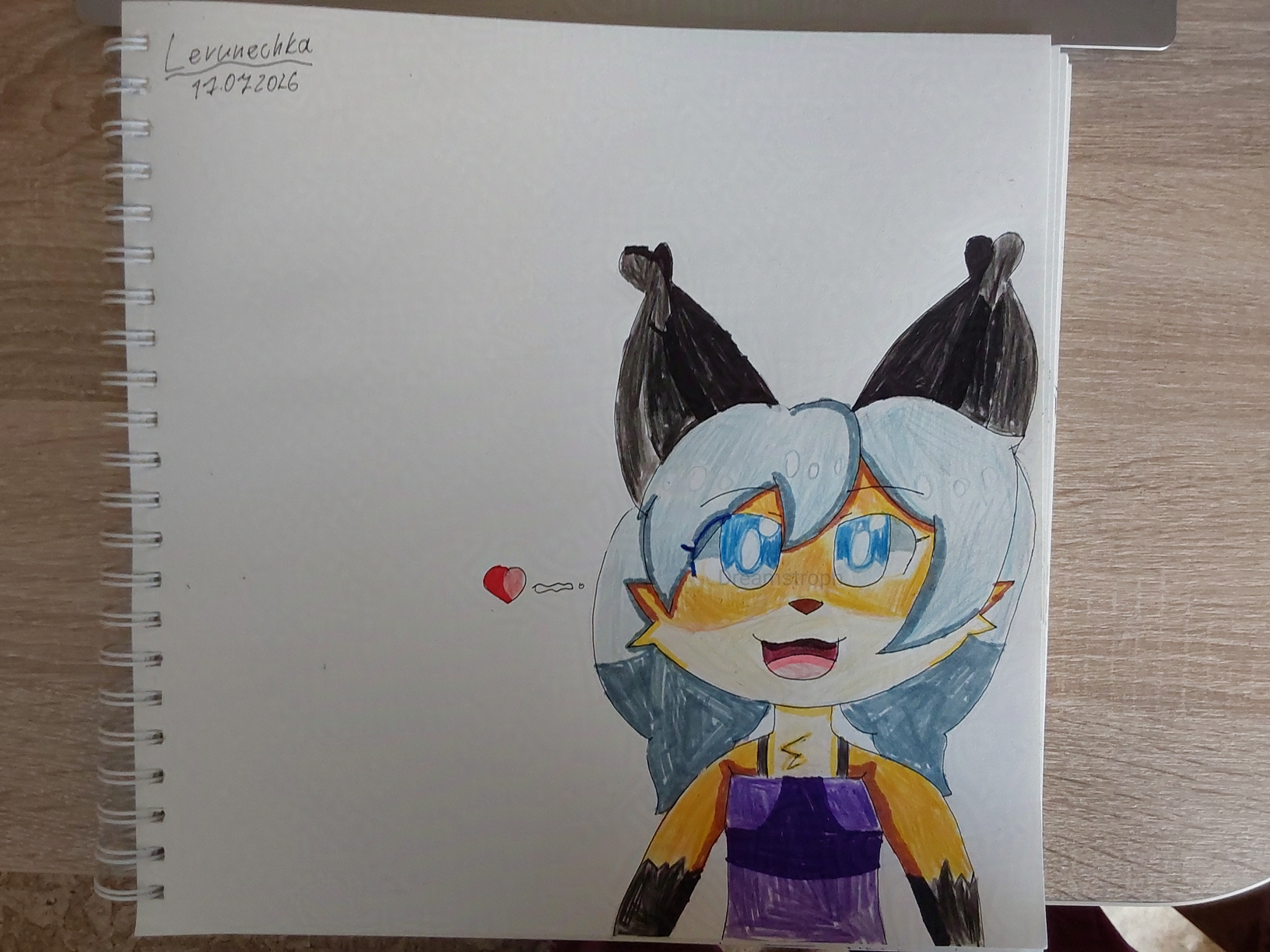 A traditional drawing of an orange for with blueish-gray ponytails, has black ears, blue eyes and wears purple dress. She's smiling.