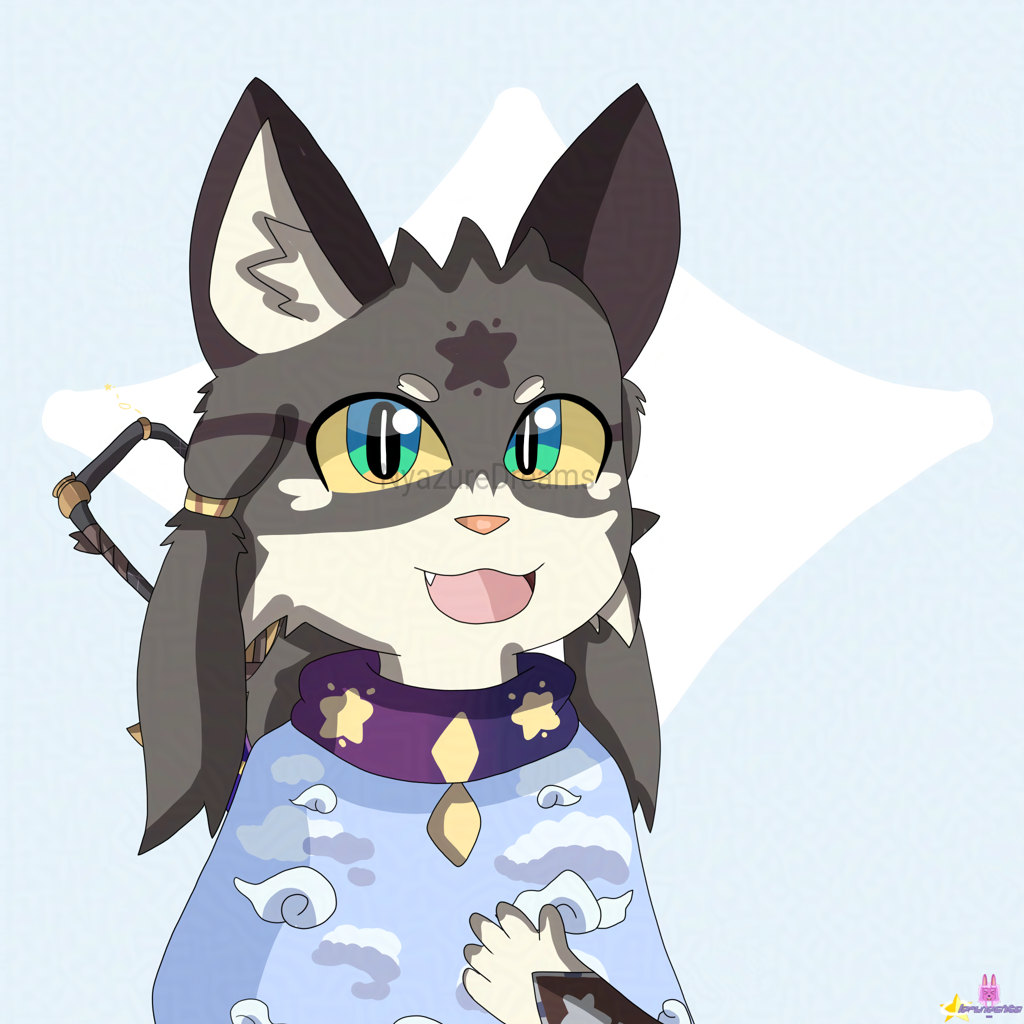 A drawing of a brownish-gray Norwegian cat, has brown sparkling star mark on his forehead, yellow eye sclera, multicolored (teal/green/yellow) eyes. He wears blue poncho with clouds on it.