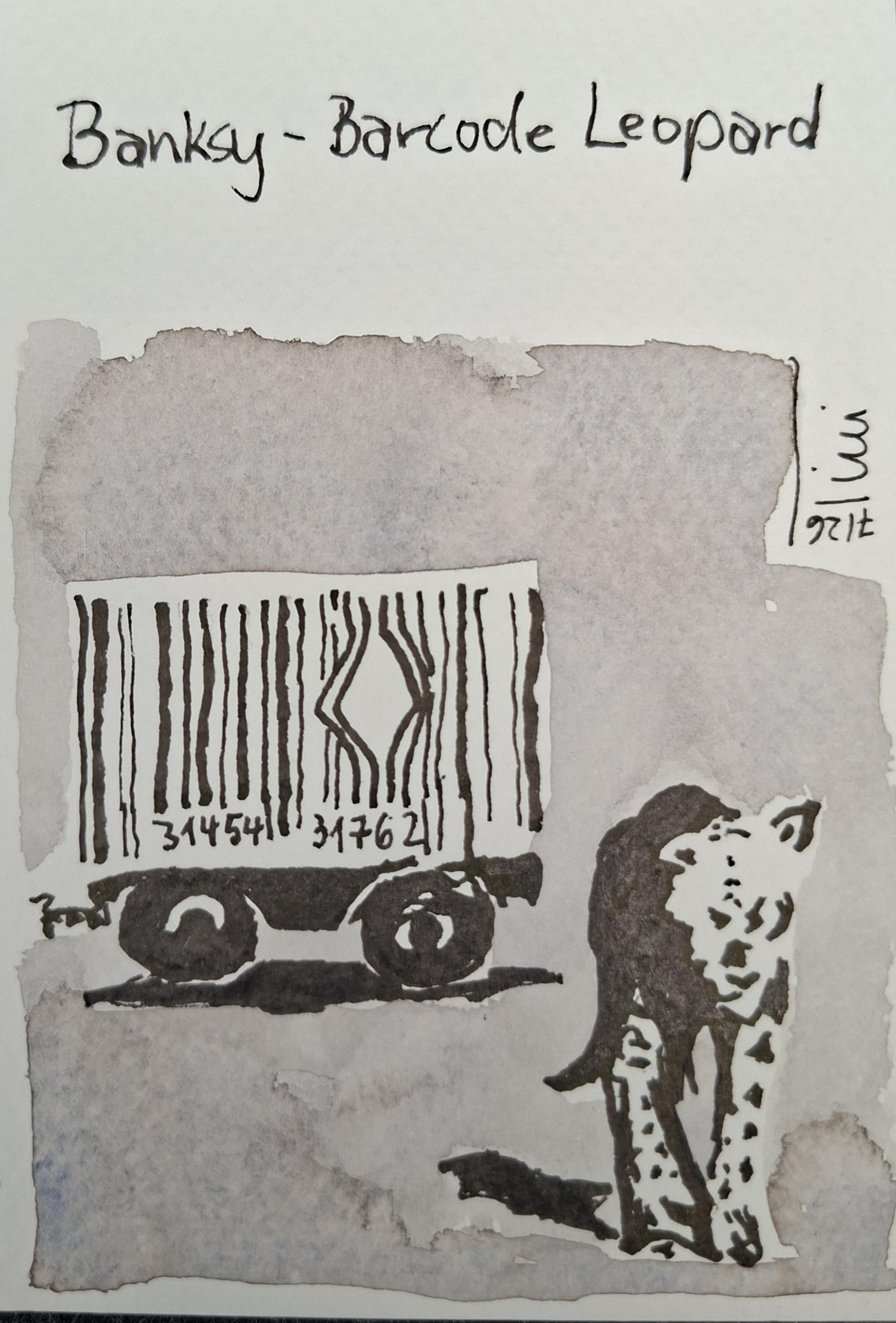 Die Aquarellskizze zeigt ein Kopie des Banksy Kunstwerks "Barcode Leopard". Ein Leopard läuft auf den Betrachter zu. Er ist offensichtlich aus einem Käfigwagen ausgebrochen, der mit verbogenen Gitterstäben im Hintergrund steht. Die Gitterstäbe sind als Barcode dargestellt.