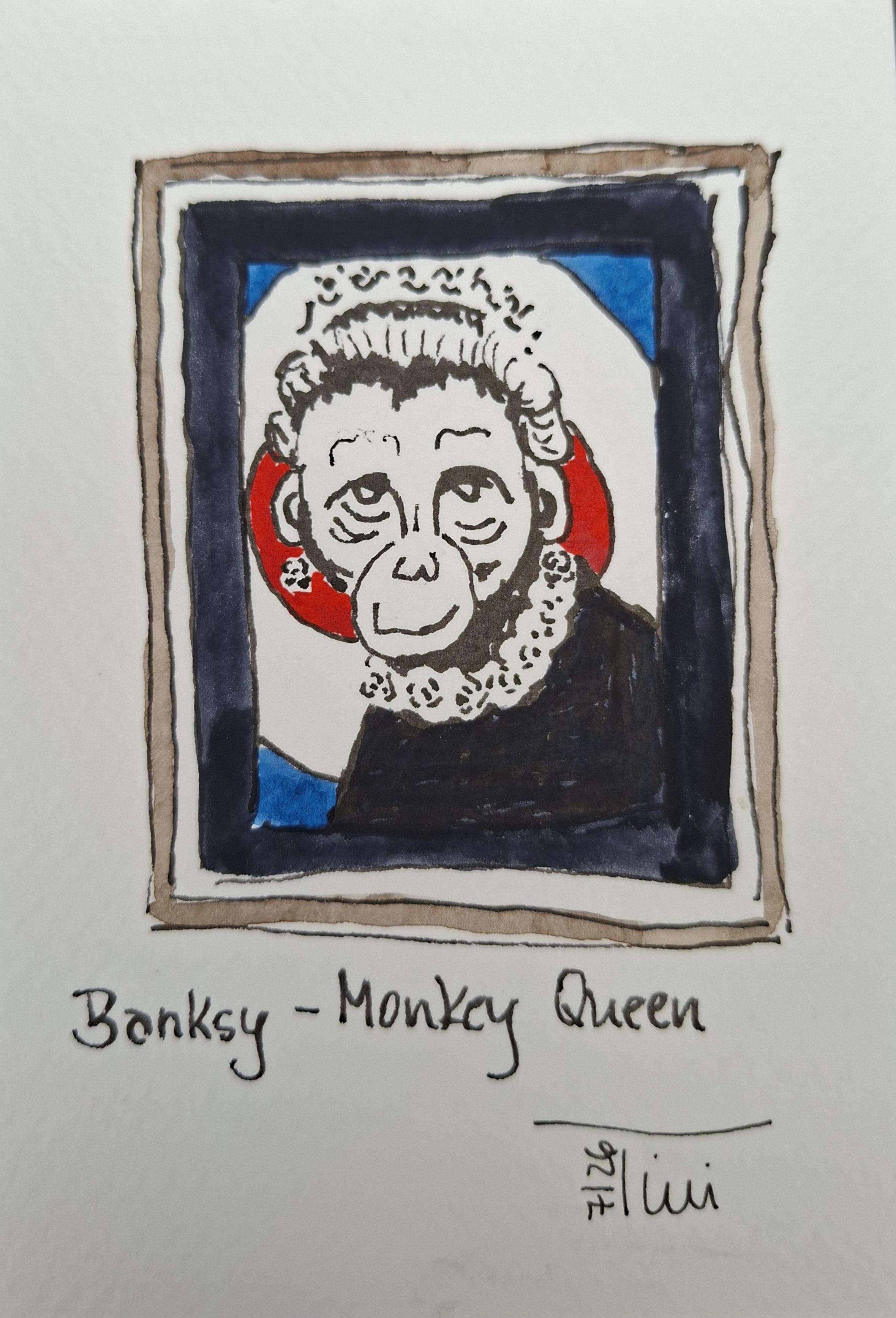 Die Aquarellzeichnung zeigt eine Kopie des Banksy Kunstwerks "Monkey Queen". Ein Affe mit Kette, Ohrringen und Diadem schaut den Betrachter an. Der Affe ist vor einen blau-weiß-rotem Hintergrund gezeichnet.