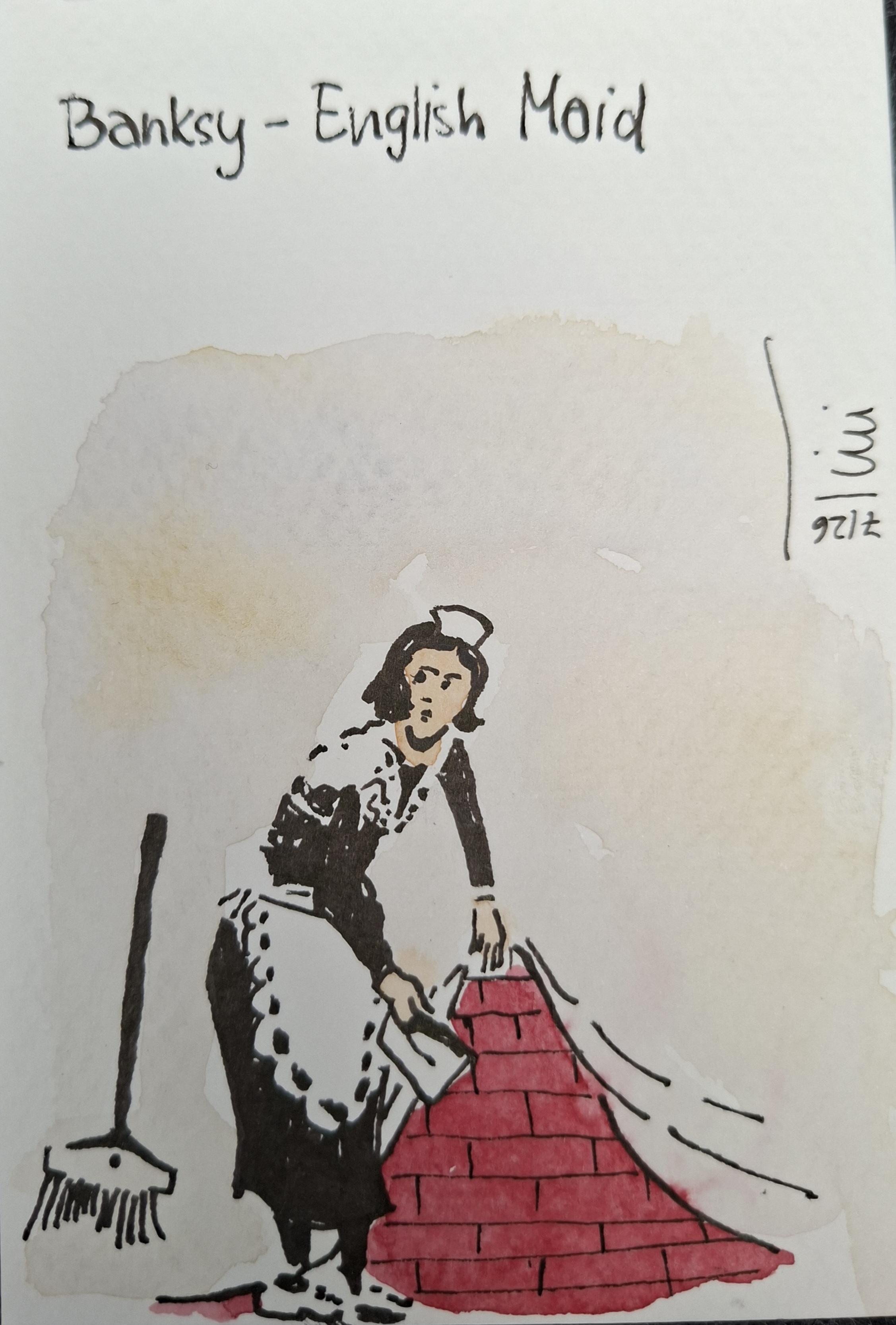 Die Tintenzeichnung zeigt ein Dienstmädchen, dass einen Vorhang hochhebt und etwas darunter schiebt. Links neben ihr steht ein Besen. 
Das Dienstmädchen trägt ein schwarzes Kleid, eine spitzenbesetzte Schürze, Kragen und ein Häubchen. Über der Zeichnung ist die Überschrift  "Banksy - English Maid".