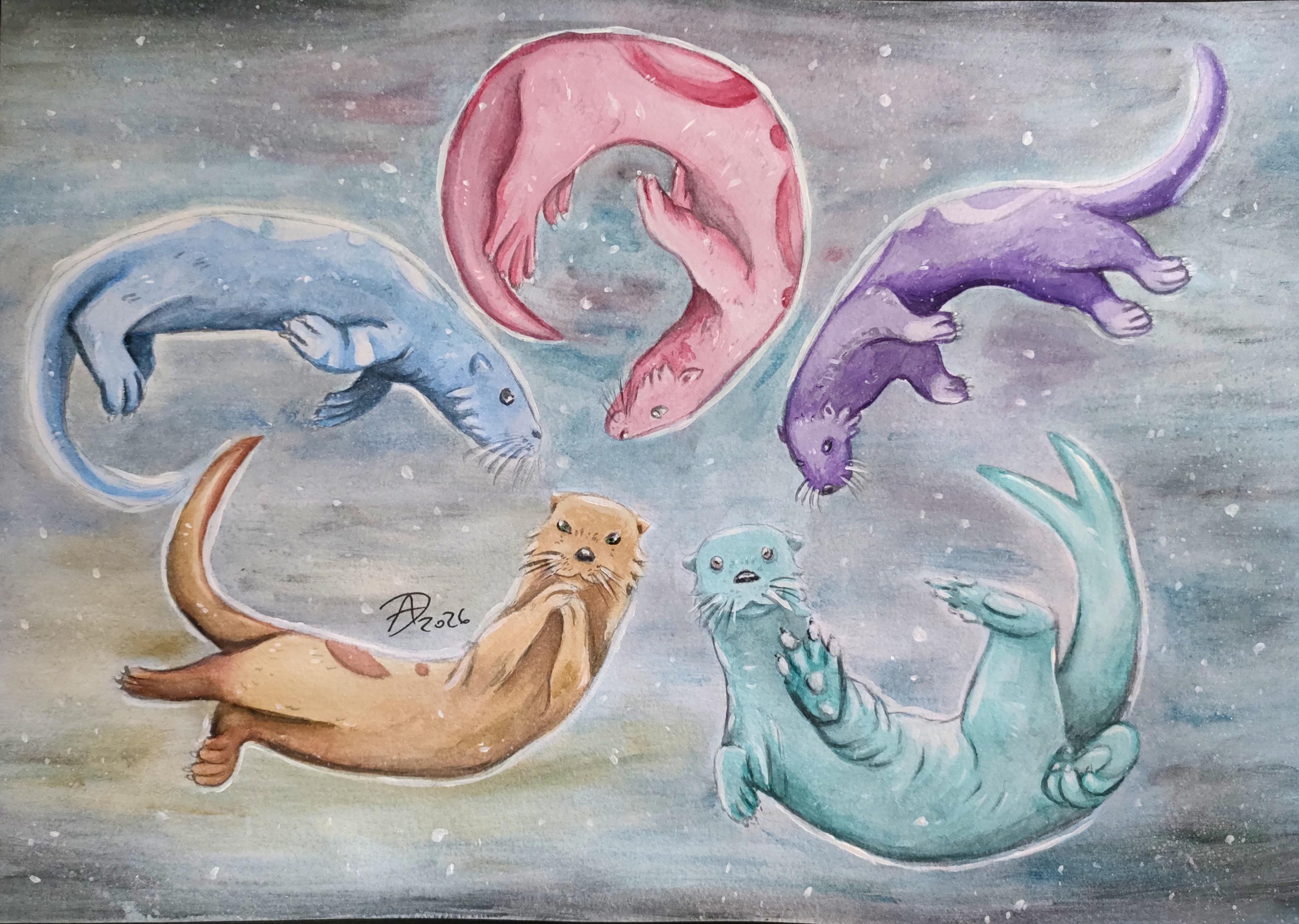 Ihr seht 5 bunte Otter in rot, lila, türkis, gelb-orange und blau. Sie fliegen durchs All, weil es Space Otter sind. Weitere Infos zu dieser Art gibt es von Wolfsdrache auf artfight. Es sind fünf Geschwister. Sie bilden hier einen Kreis, die Köpfe zur Mitte ausgerichtet.