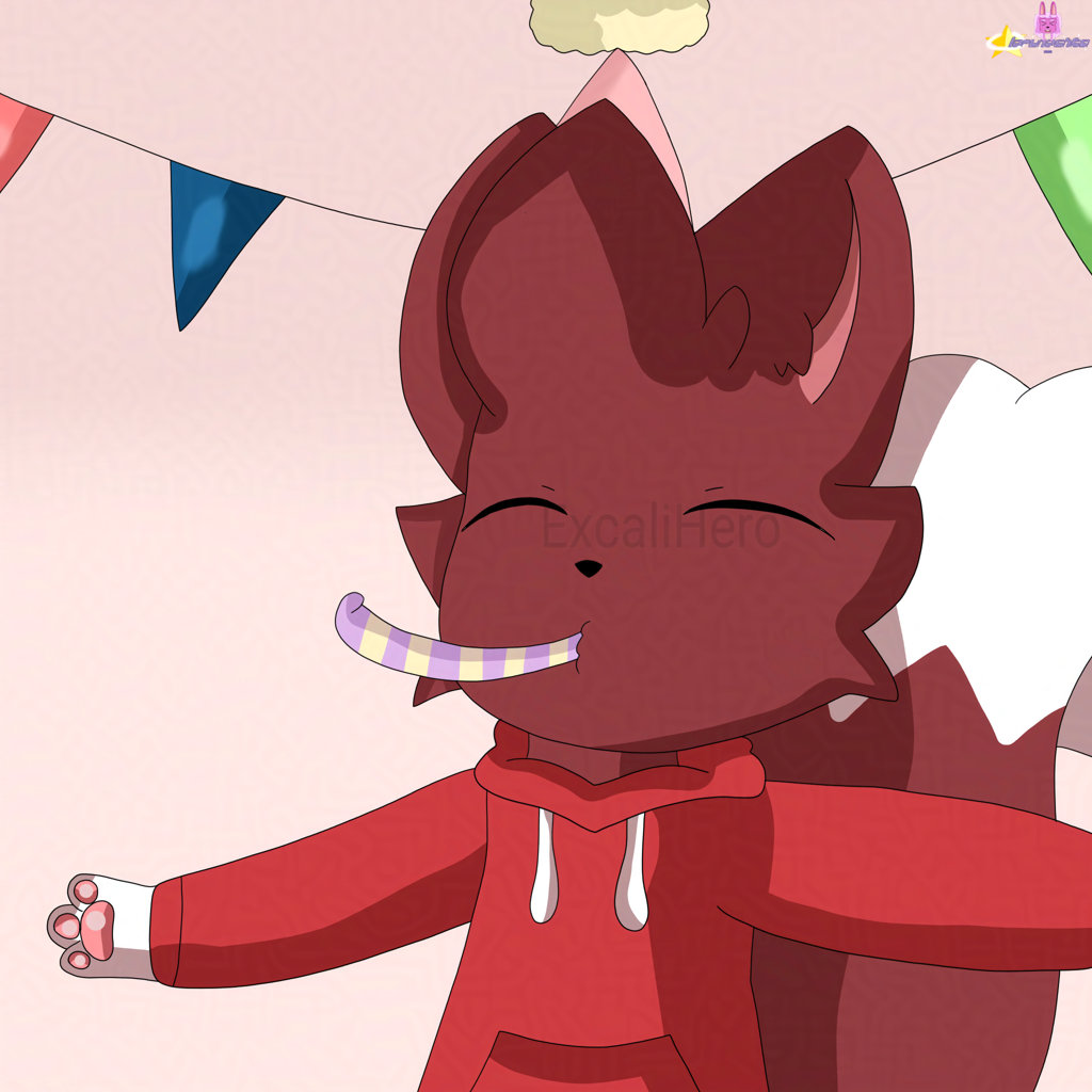A drawing of a brown cat, wearing red hoodie, light reddish pink birthday hat and blowing lavender colored party horn with light yellow stripes on it.