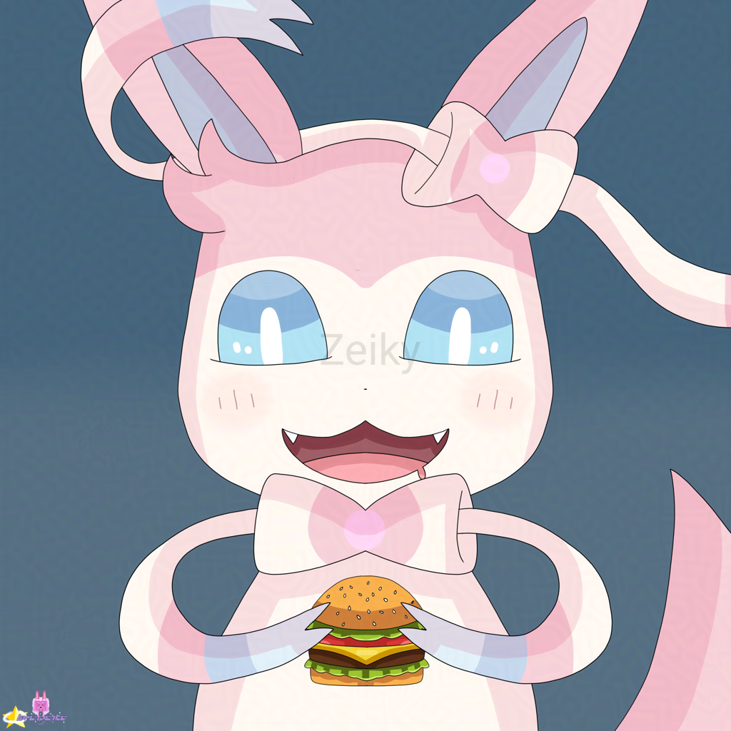 A drawing of a cream colored/pink rabbit, has two bows with multicolored (cream colored, dark blue and lighter blue) ribbons on her head and neck, blue eyes and pink tail. She looks at the hamburger while drooling and holding it with ribbons.