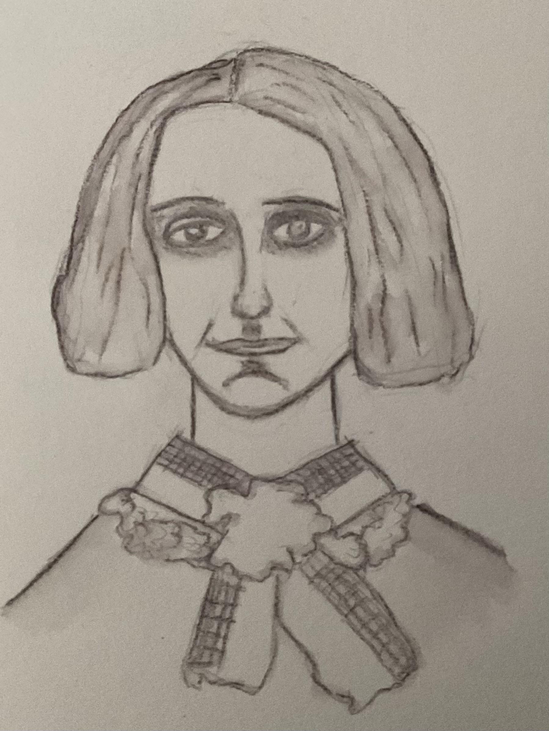 A pencil sketch of a woman with long, wavy hair and a serious expression. She wears a decorative collar with a bow and has large, expressive eyes.