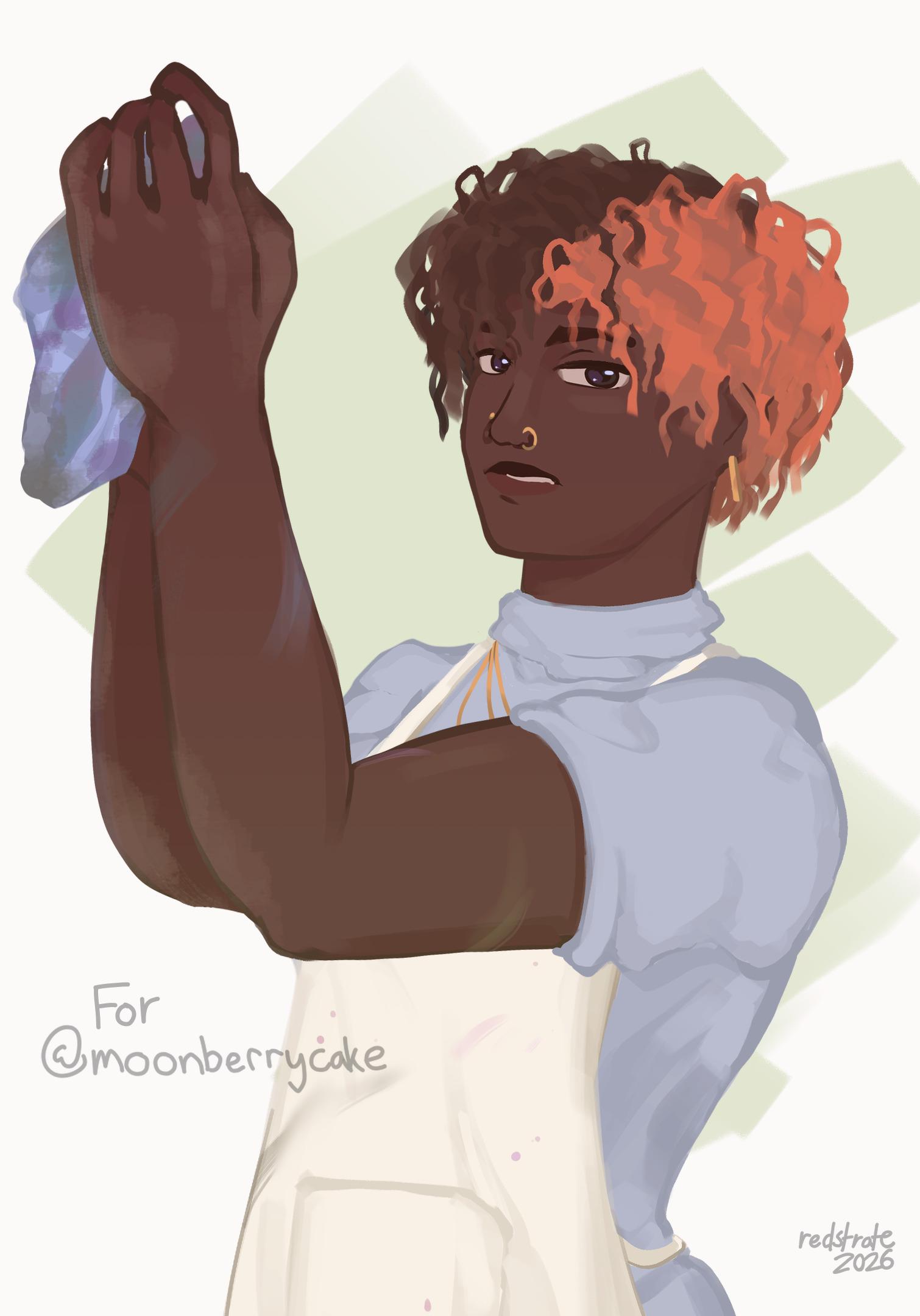 Drawing of Apollo, an upcoming sculptor and painter cleaning up after (presumably) doing some work. He has dark skin, a blue turtleneck and gold earrings and necklaces. He also has awesome short frizzy hair that's half brown and delicious orange