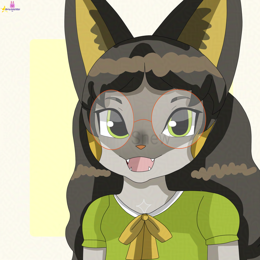 A drawing of a gray siamese cat, has dark brown hair, green eyes, wears round glasses and green shirt with dark yellow bow on it.