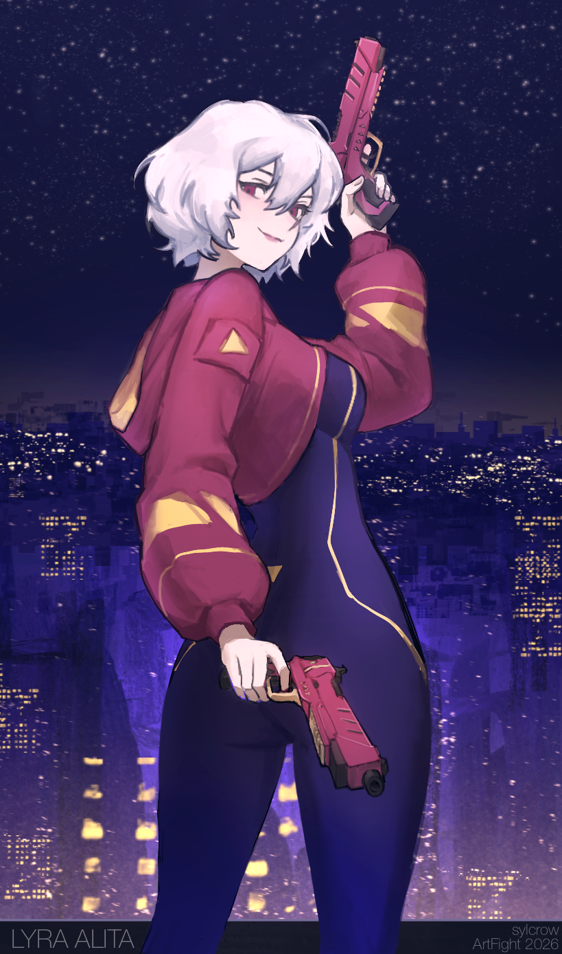 Knee up backside view of a woman with short hair wielding two guns staring back at the viewer with a smile against a backdrop of a cityscape