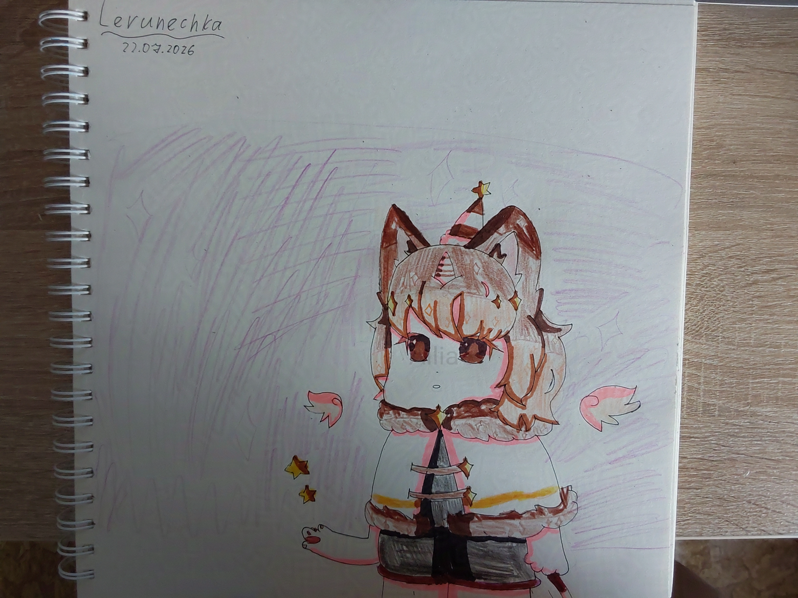 A traditional drawing of a white lion, has short brown/light orange hair, wears white party hat with brown stripers on it and a yellow star on its tip, has the same colored horn as the hat on their had, wears white coat, dark gray shirt and shorts.