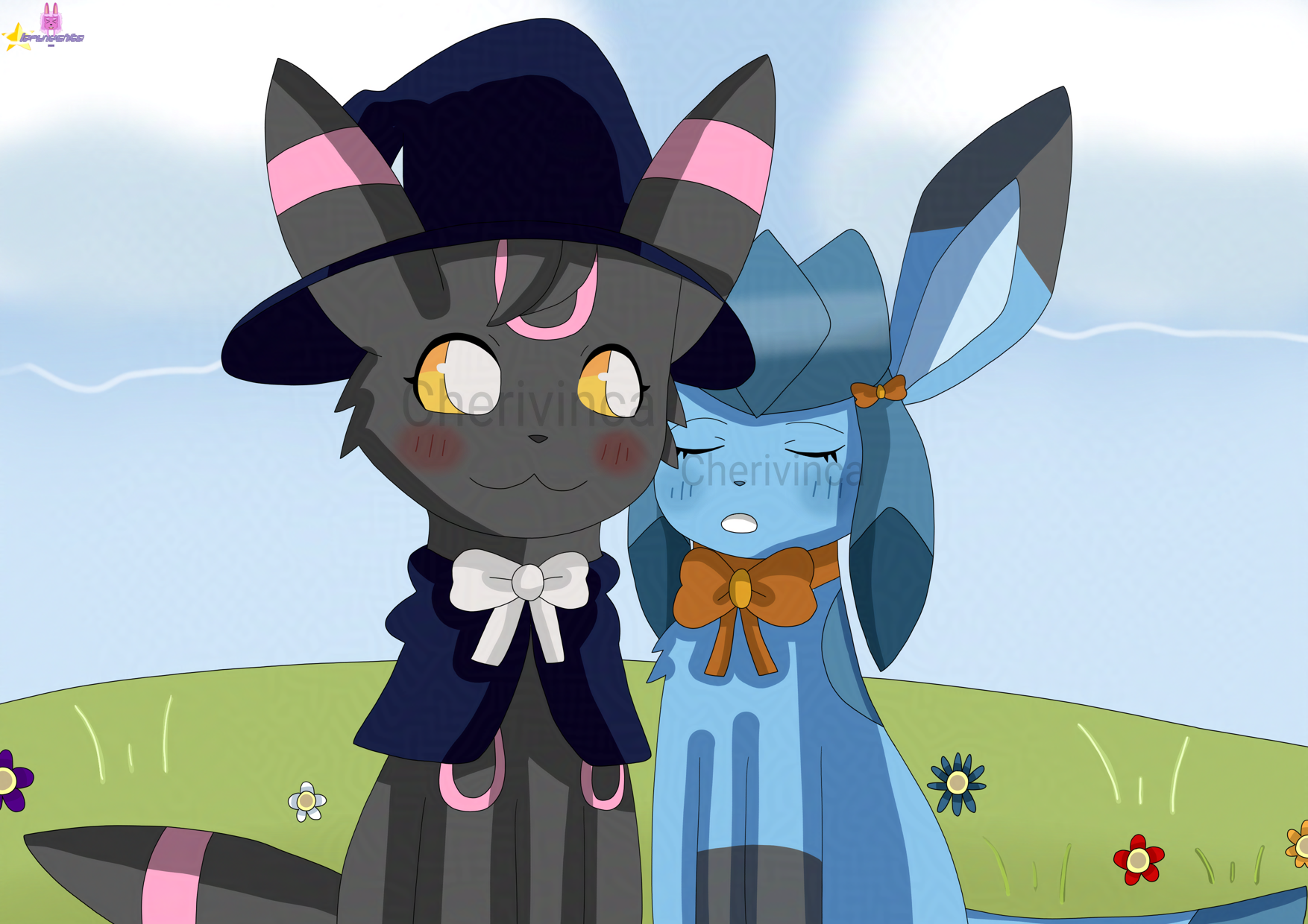 A drawing of two mammalians. One is a dark gray, has yellow eye sclera with white eyes, pink rings on her ears, one on her forehead, too on her body and one on her tail, wears dark-blue coat with white bow on it. The other one is blue, has pointed blue/dark gray pointed ears, dark teal crest on her head and ears, wears an orange bow on her ear and neck. She's snuggling with the dark gray mammalian. Background is flower field.