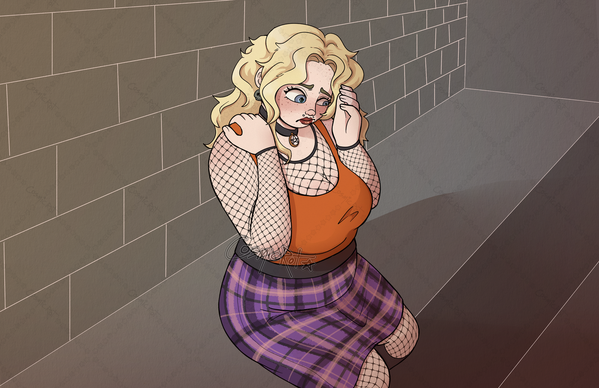 Digital drawing of a shy woman with freckles hiding her face and sitting on a wall length bench. She has blond hair, a tank top, and a skirt, worn over fishnets. She looks really uncomfortable.