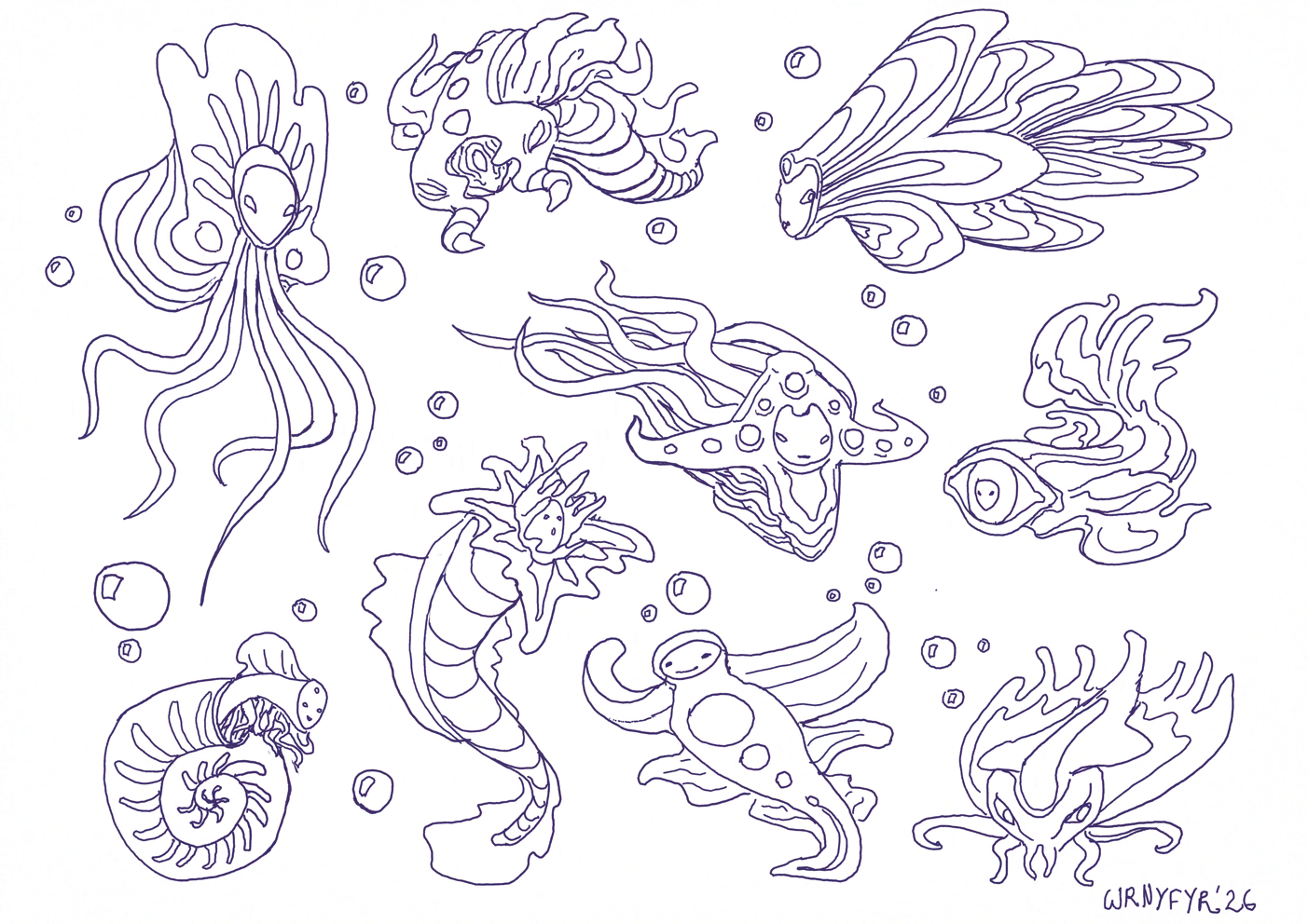 Line drawings of fantastical fish