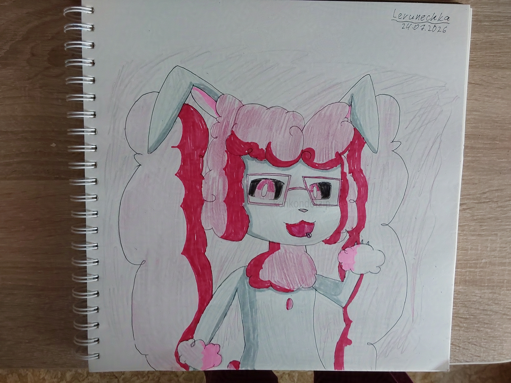 A traditional drawing of a blueish gray bunny with dark pink curly hair/ears/neckfluff, has pink eyes with black sclera, wears square glasses.