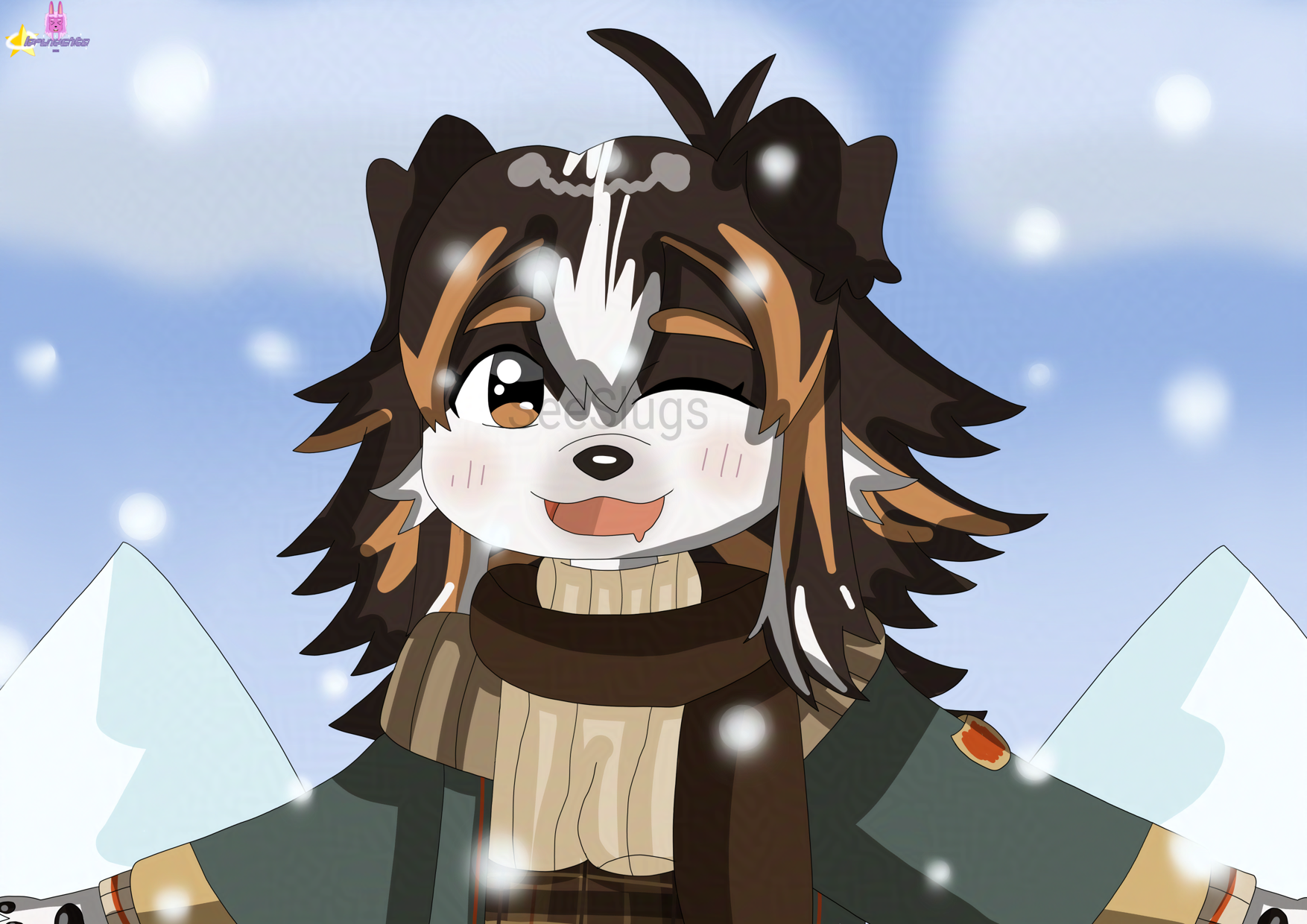 A drawing of a dark brown bernese mountain dog, has brown eye, wears cream colored sweated, brown skirt, dark green winter coat and brown scarf. She's winking. Winter mountains background.