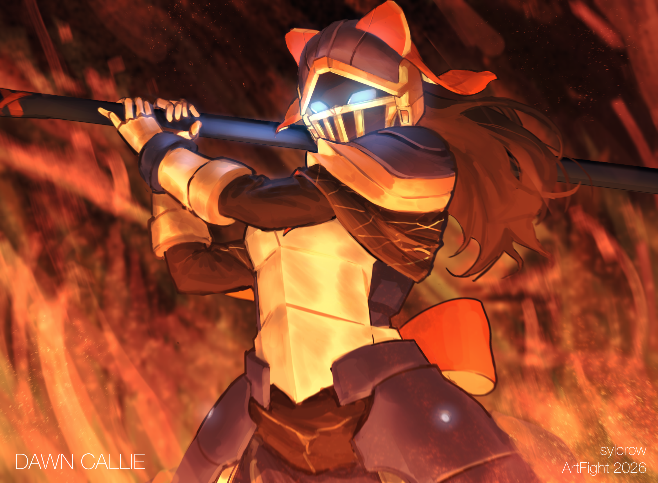 digital illustration of a woman with a mix of armor and cloth and a mask wielding a weapon over her shoulder in a fiery setting