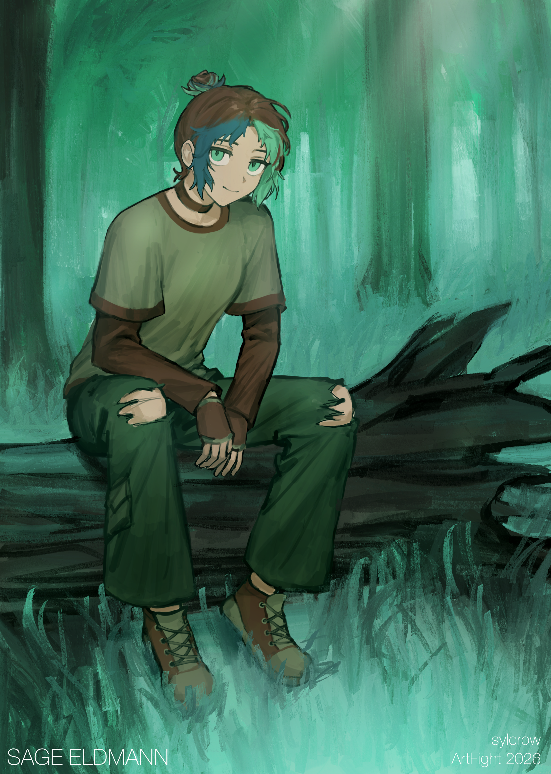 illustration of a character with hair tied up in a bun and casual clothing sitting on a fallen log in a forest