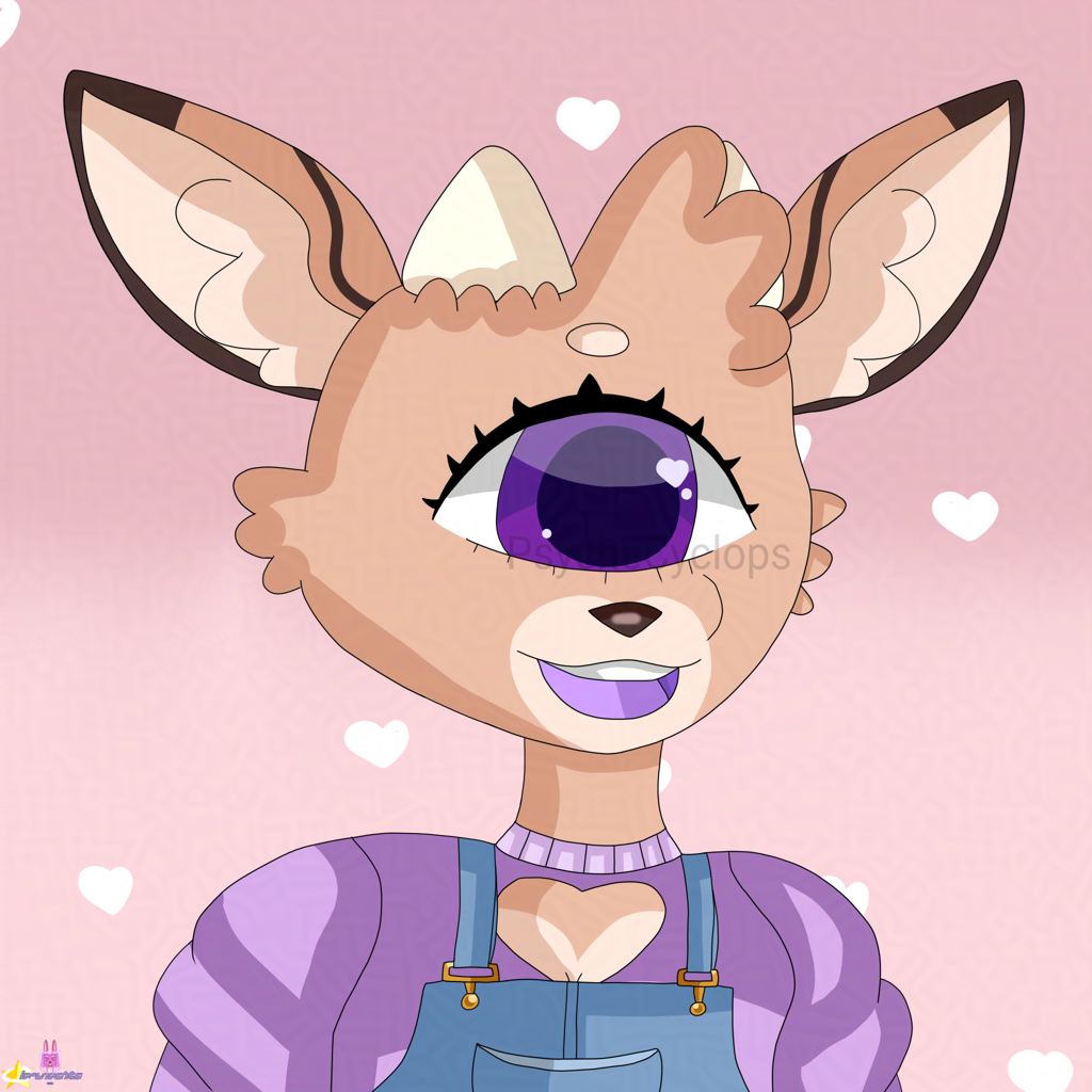 A drawing of a dark-cream colored cyclop deer, has lighter cream colored small horns on her head, darker purple eye and mouth, She wears purple blouse and denim dungaree.