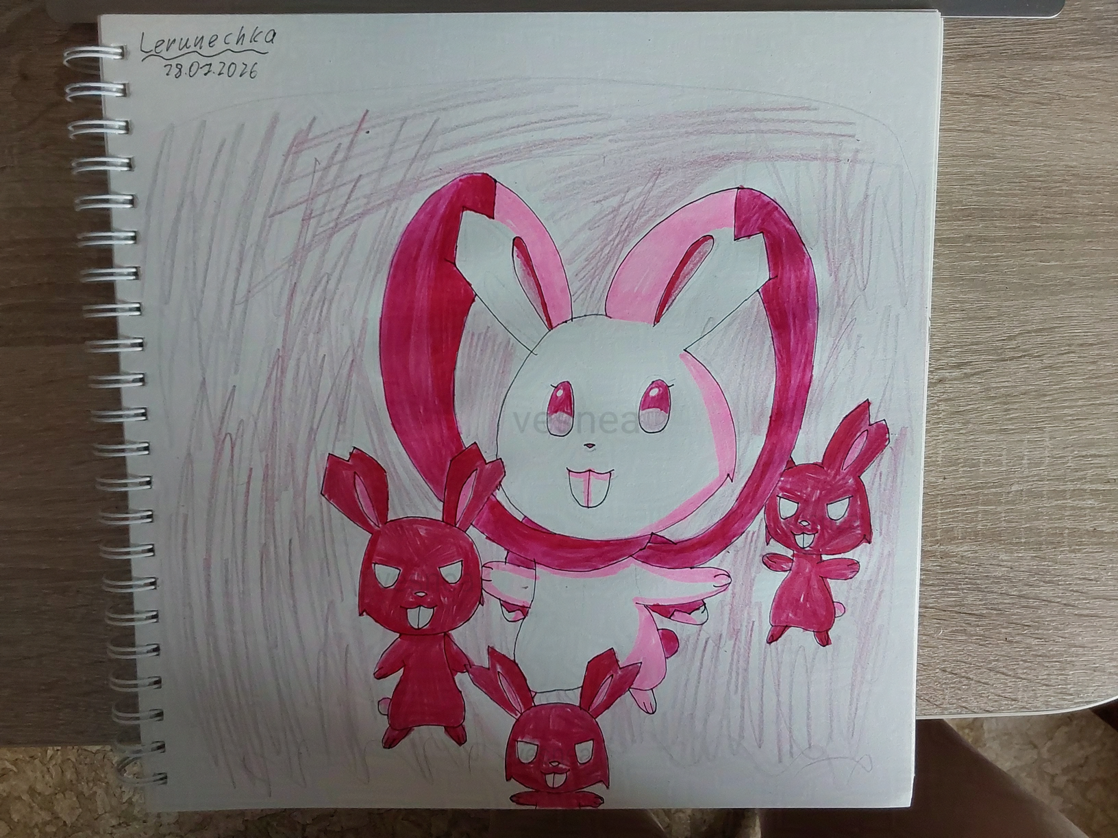 A traditional drawing of a white bunny with pink eyes scarf-like ear tips. She's surrounded by three smaller darker pink bunnies.