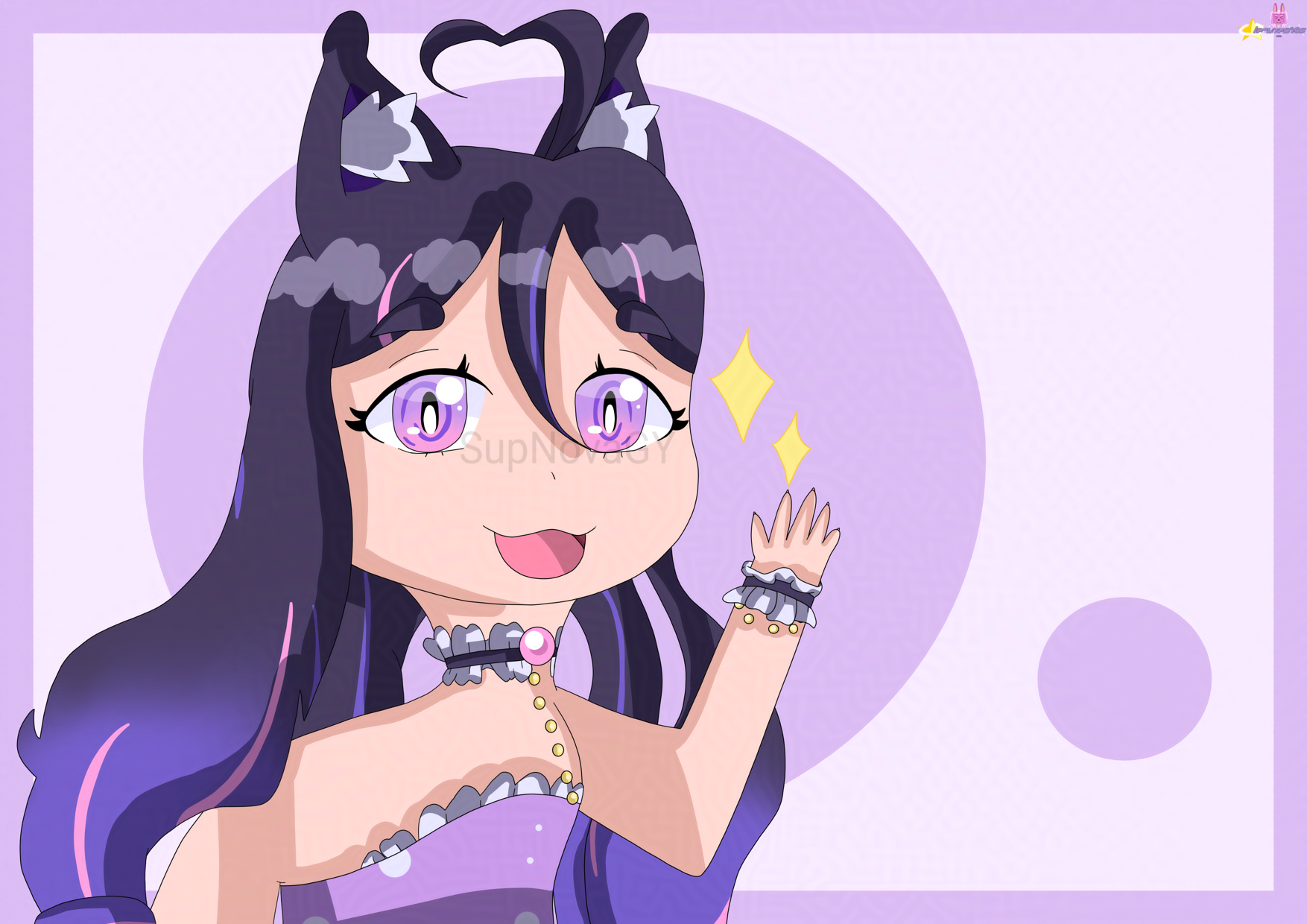 A drawing of a girl with long dark-violet curly hard and cat ears, has pink/violet eyes with swirls in them, wears necklace, violet dress with dots on it.