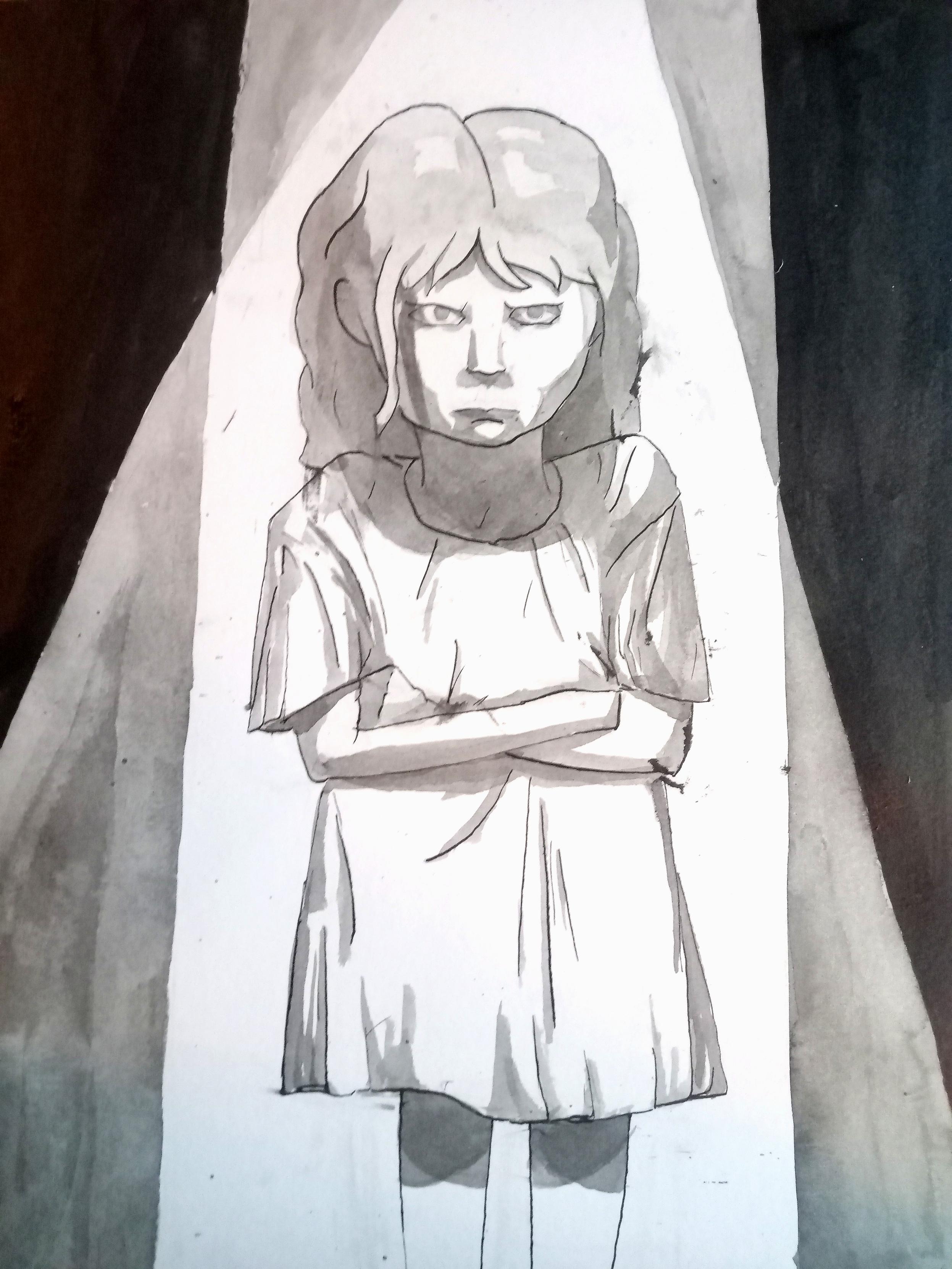 Ink drawing in black outline and grey shading of upset looking tween with a stylized big round head  standing in oversized T-shirt with crossed arms with a background pattern suggesting two spotlights