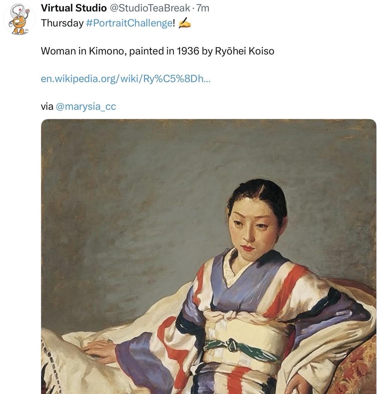 A woman wearing a colorful kimono is seated, exuding a calm demeanor. The painting, created in 1936 by Ryōhei Koiso, features soft colors and a serene background.