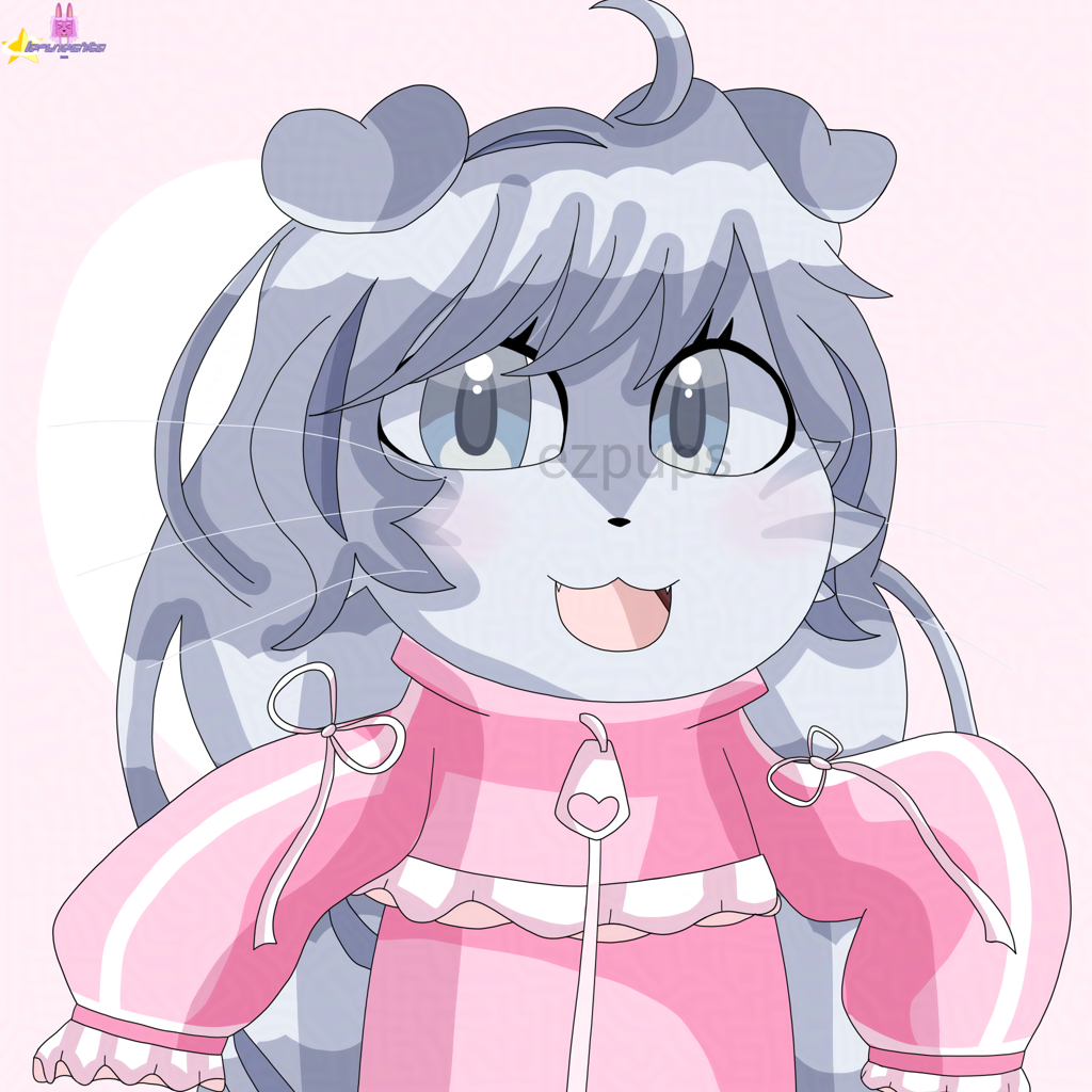 A drawing of a gray cat with heart-shaped ears and white whiskers, wears a pink hoodie with long sleeves.