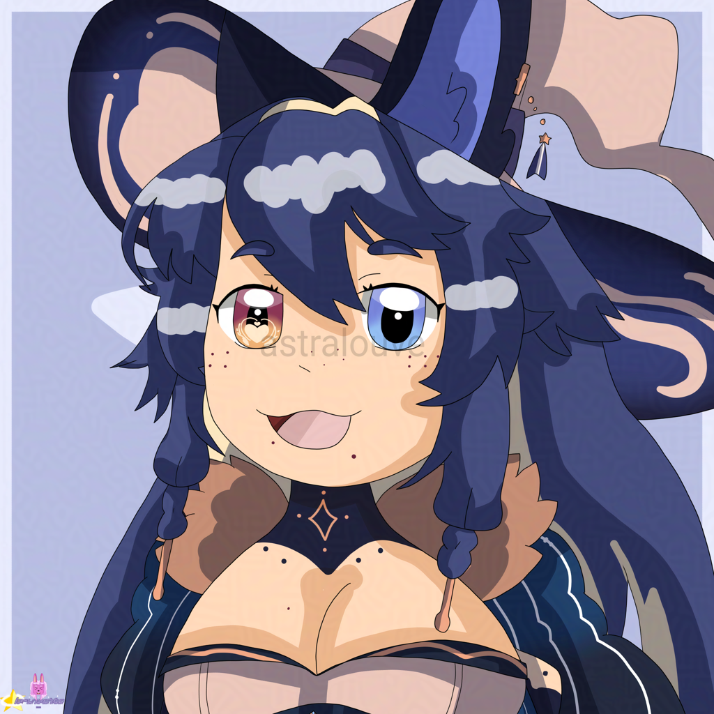 A drawing of a girl with wolf-like features (dark-blue ears), has long dark-blue hair, heterochromia (orange with yellow latte art symbol and blue) eyes, wears cream colored witch hat and one piece suit. Has a dark blue marking on her neck.