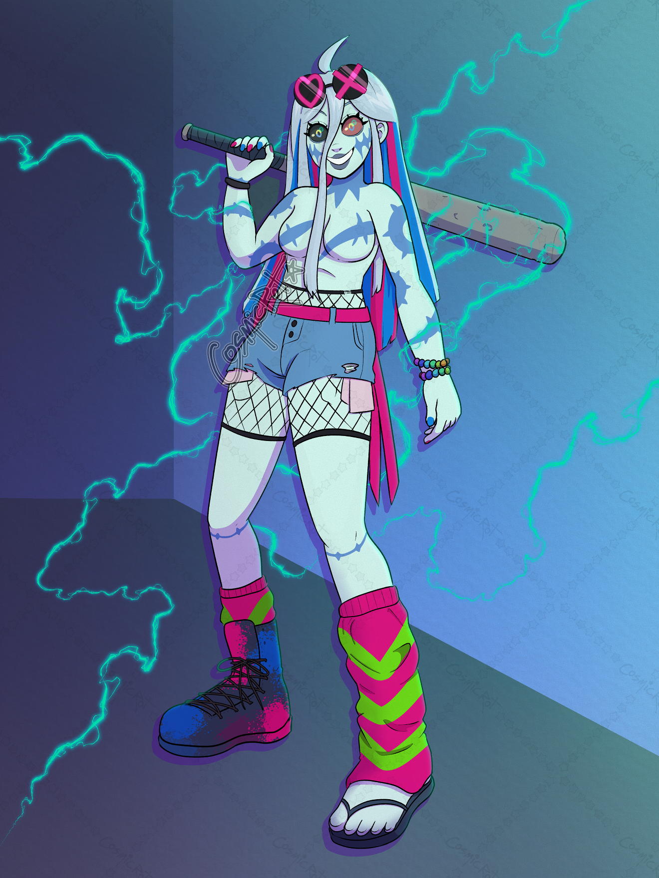 Digital drawing of a shirtless zombie wearing mismatched shoes, shorts with fishnet underneath, sunglasses on their head, and wielding a metal baseball bat. They have an uncanny grin and electricity around them being conducted by their scars.