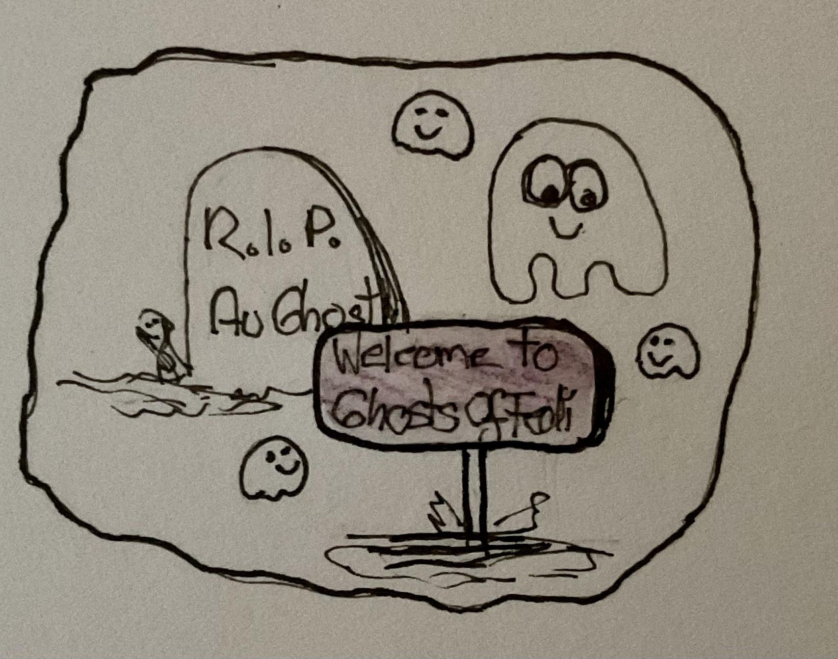 A cartoonish illustration depicting a spooky scene with a gravestone labeled "R.I.P. AuGhost" and a welcoming sign that reads "Welcome to Ghosts Of Fedi”. Several playful ghost characters with happy faces surround the scene.