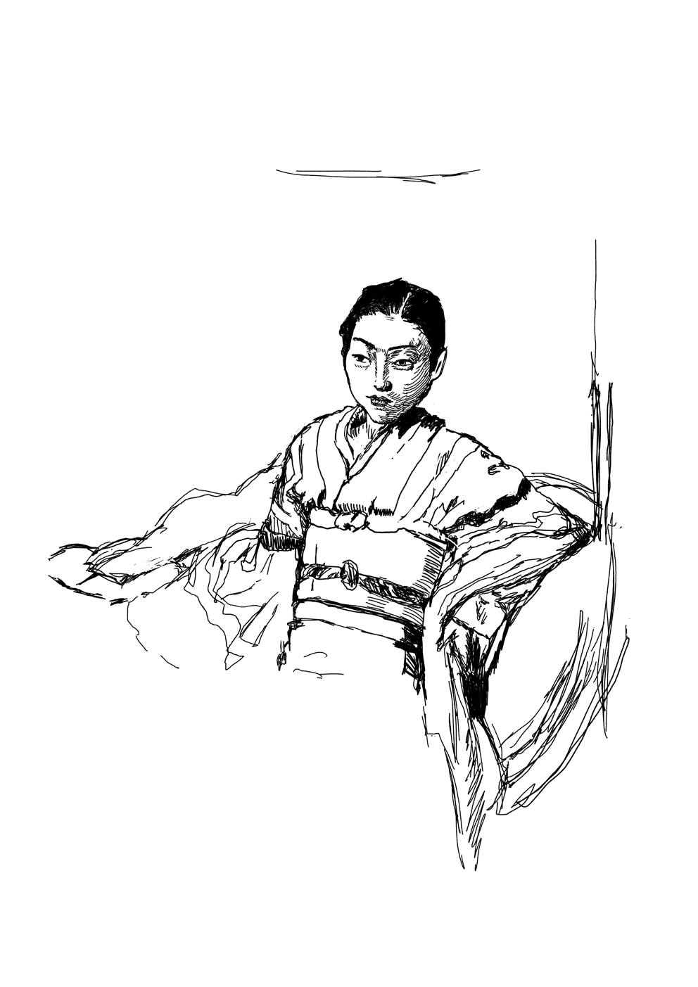 A digital ink drawing in process of a Japanese woman wearing a kimono, seated and exuding a calm demeanor. After a painting created in 1936 by Ryōhei Koiso.