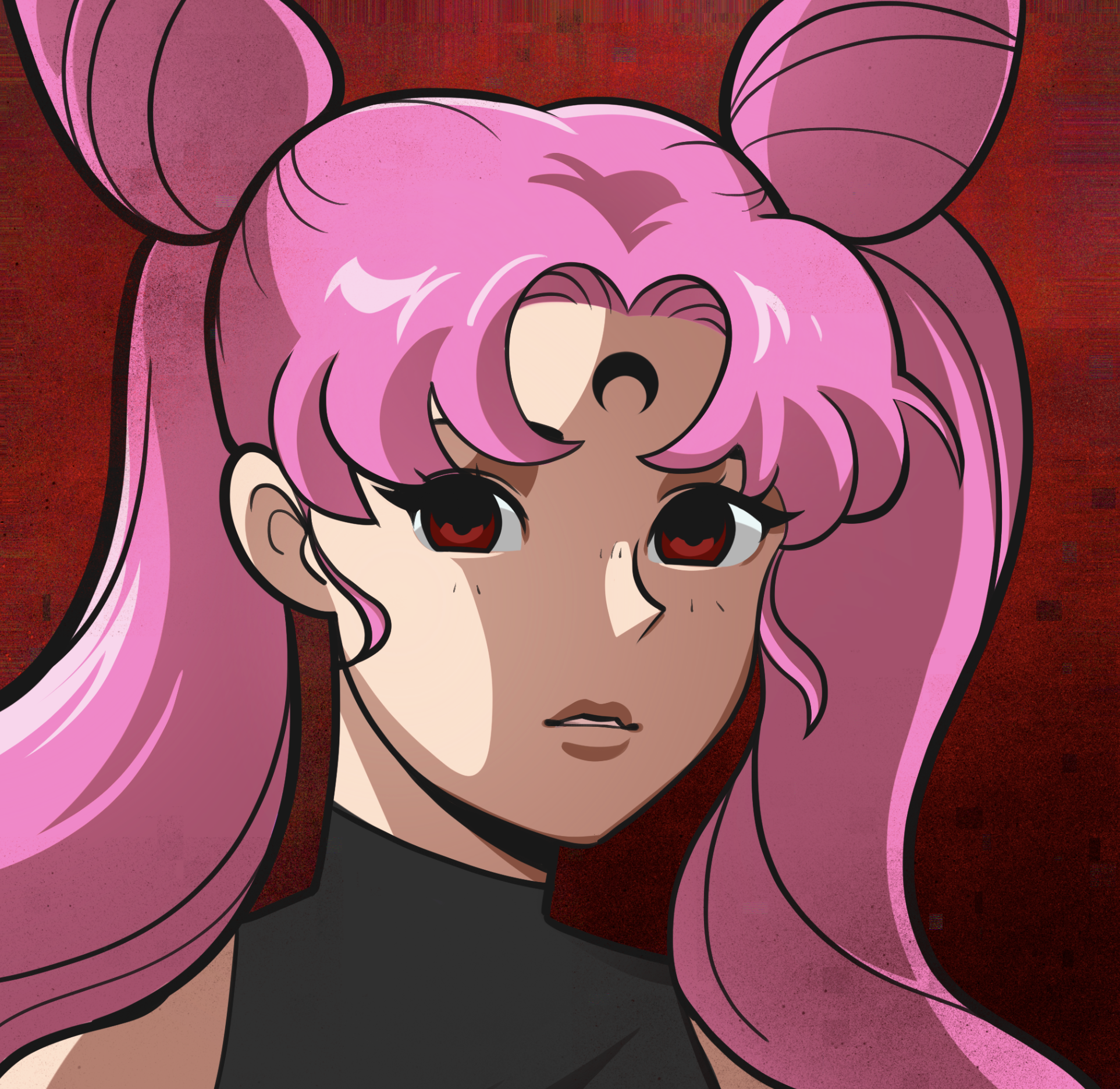 chibiusa looking at the viewer with a dark moon symbol on her head