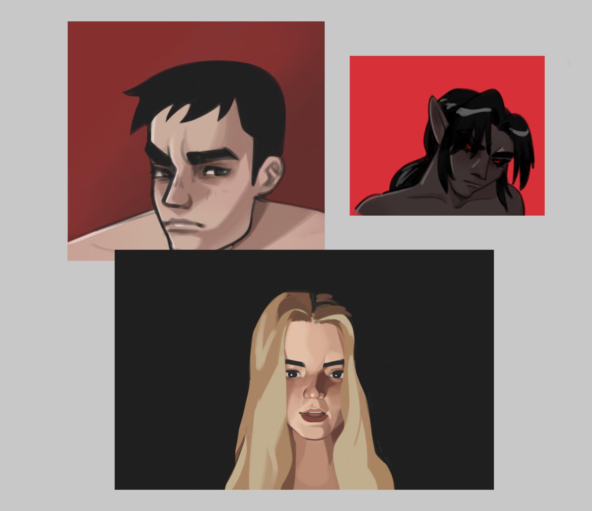 an image split into three parts: the first, top left, shows a man with pale skin and dark hair against a red background. the second, top right, shows an elf with dark skin and dark hair, with red eyes and a red background. the last at the bottom, shows a girl with blonde hair, lit from below. all are gazing at the viewer