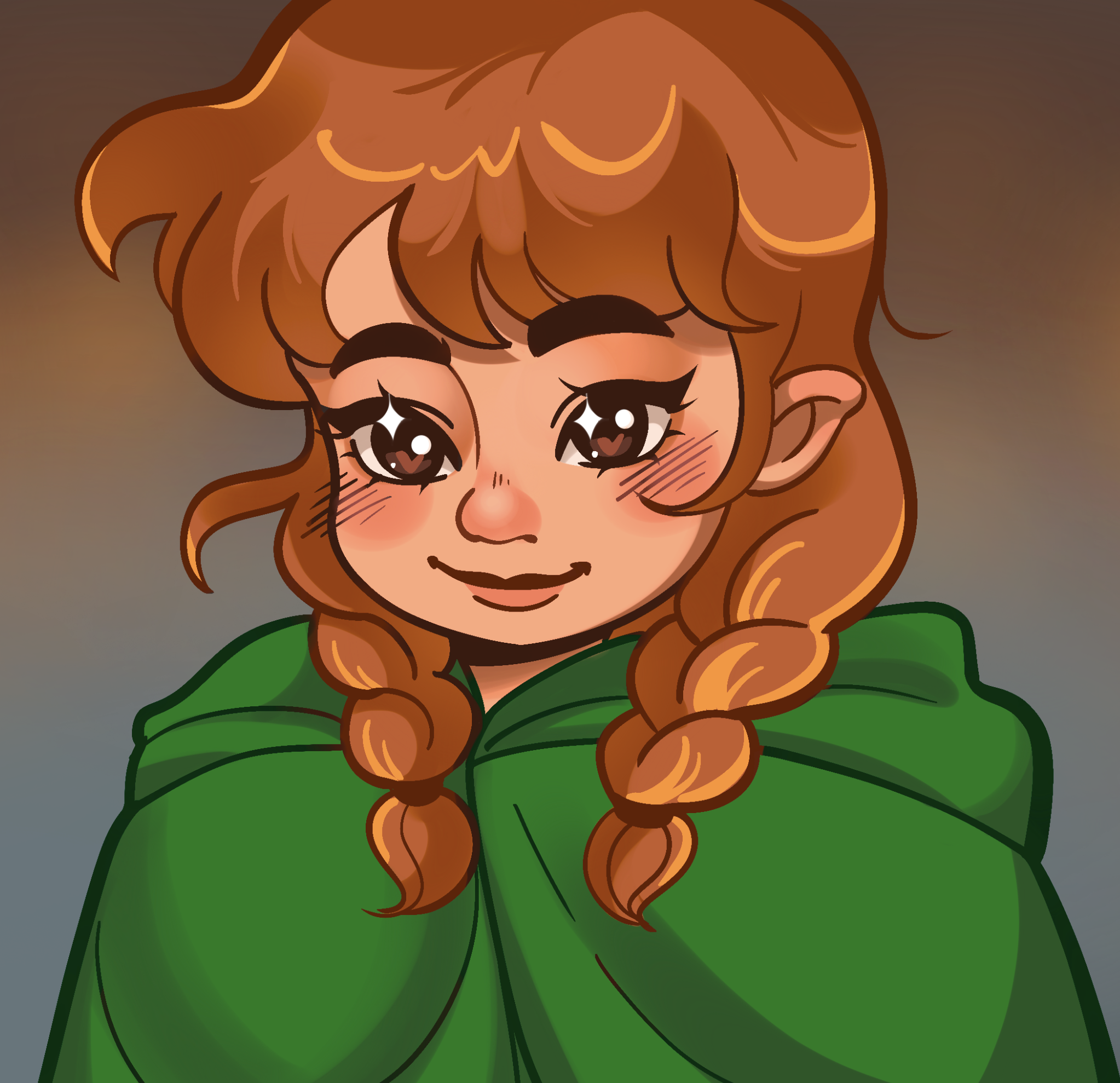 an auburn-haired dwarf smiling at the viewer