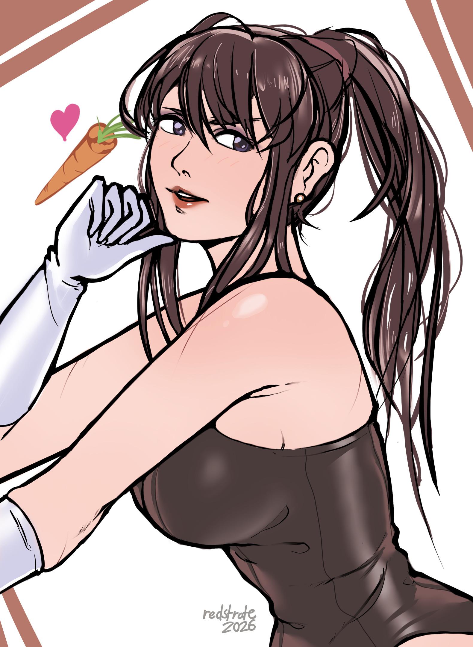 Somewhat rough drawing of my original character "mysterious swordswoman" in a bunny suit. She's female presenting with long brown hair tied up in the back. She is looking at you with her right thumb sitting on her chin. The ghost representation of a carrot and a heart is next to her face.